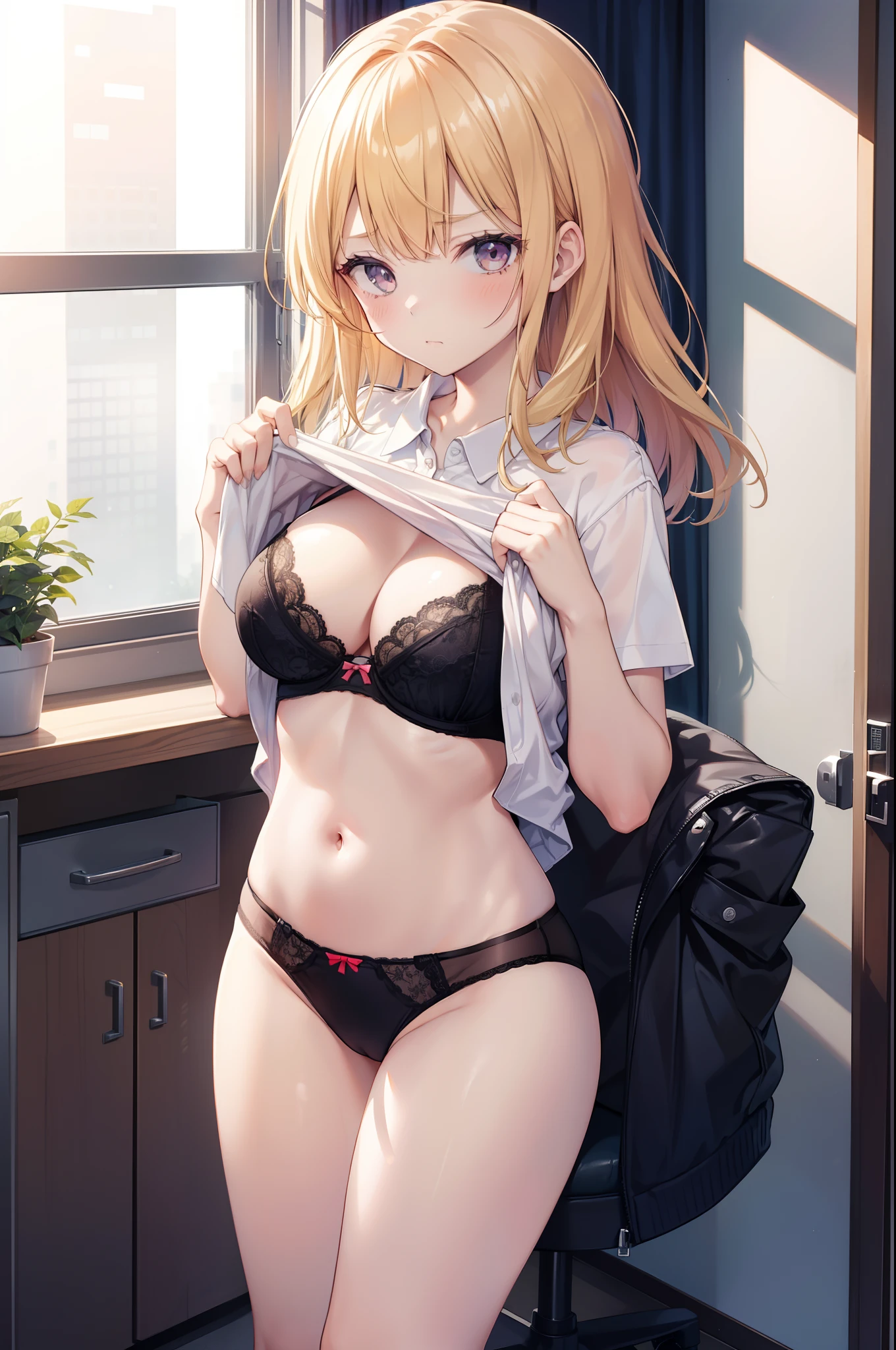 1girl in, masutepiece, Better Quality, girl, look at viewr, ((She lifted her shirt)), In the office, Show your bra, Light from above, ((looking disgusted)), School, Indoors, crass room