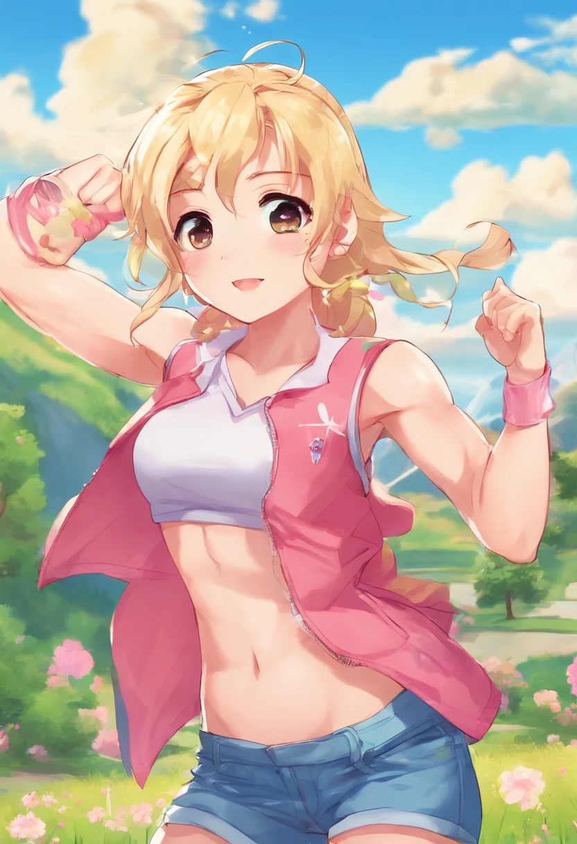 landscape, anime style, countryside, with mountains and clouds in the background. Blonde girl, standing, short clothes, muscular, abs, biceps, flexing muscles.