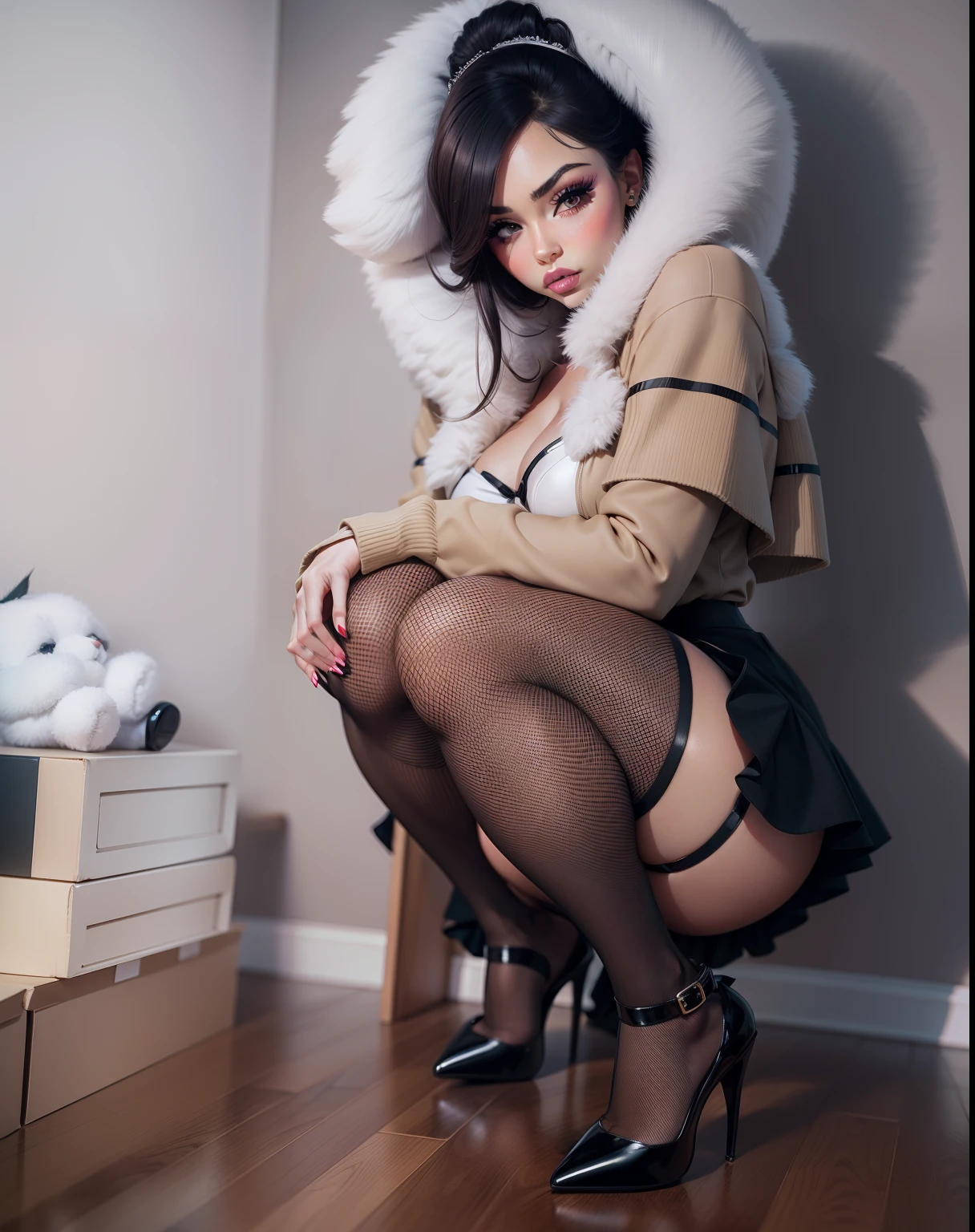 crouching, big thighs, kissy face, makeup, eyelashes, heels, stockings