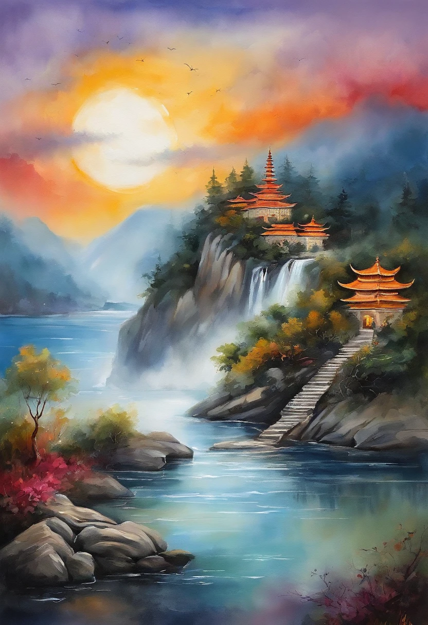 The tide of the Spring River connects the sea level,The bright moon on the sea coexists with the tide。surrounded by cloud,BUDDHA STATUE,Lanterns,gorgeous color,In the foreground are long stone steps and arches((Color ink)),( (Splash ink ) ), ((Splash ink) ink})), tmasterpiece,high qulity,Beautiful graphics,high detal
