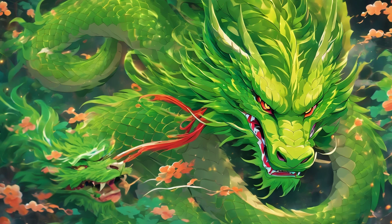 chinesedragon，Green Dragon，auspicious sign，mythological beasts，Long dragon whiskers，Covered with scales，腾云驾雾，high qulity，8K，rich details​，Great，divino，sharp talons