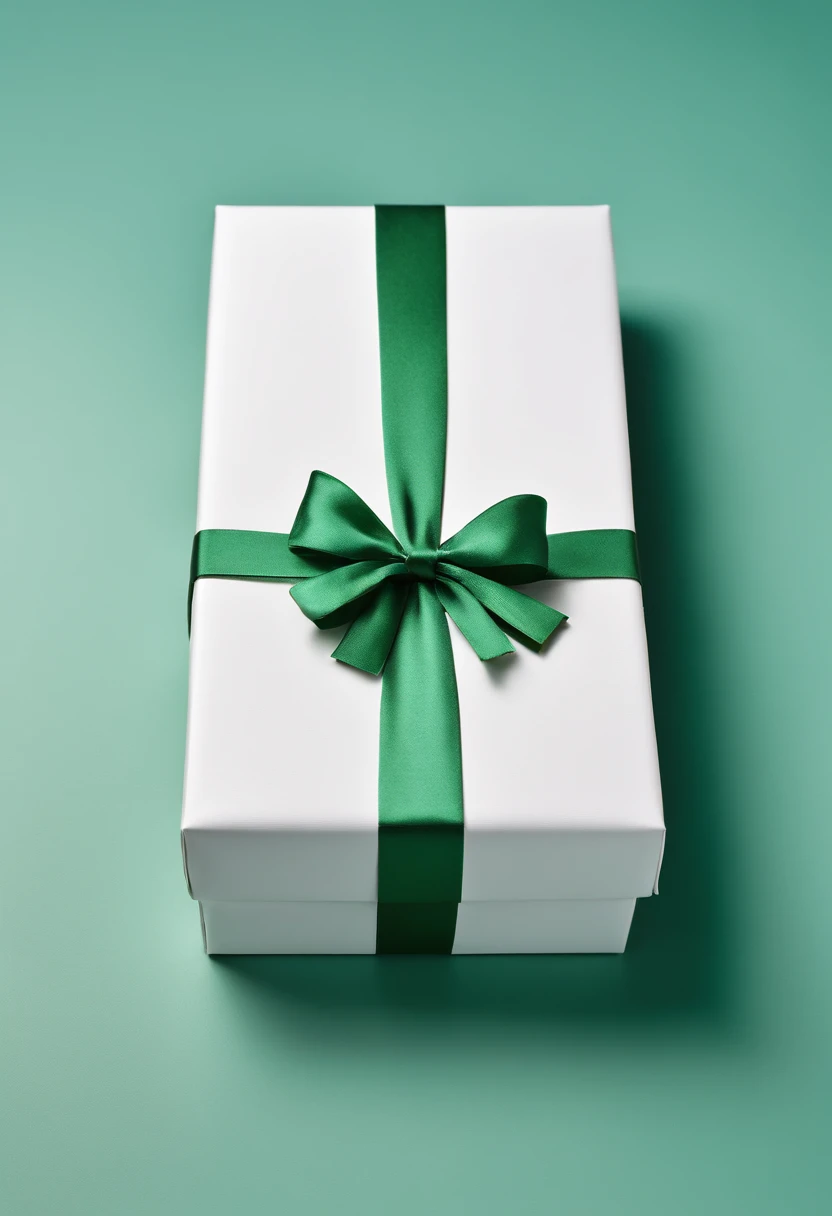 Close-up of white rectangular thin body gift box with green knot,Small bow, angled, Product photo, heavy, Official product photo, Blue-green paper, product image, Single box, Clean background, Go straight, frontage