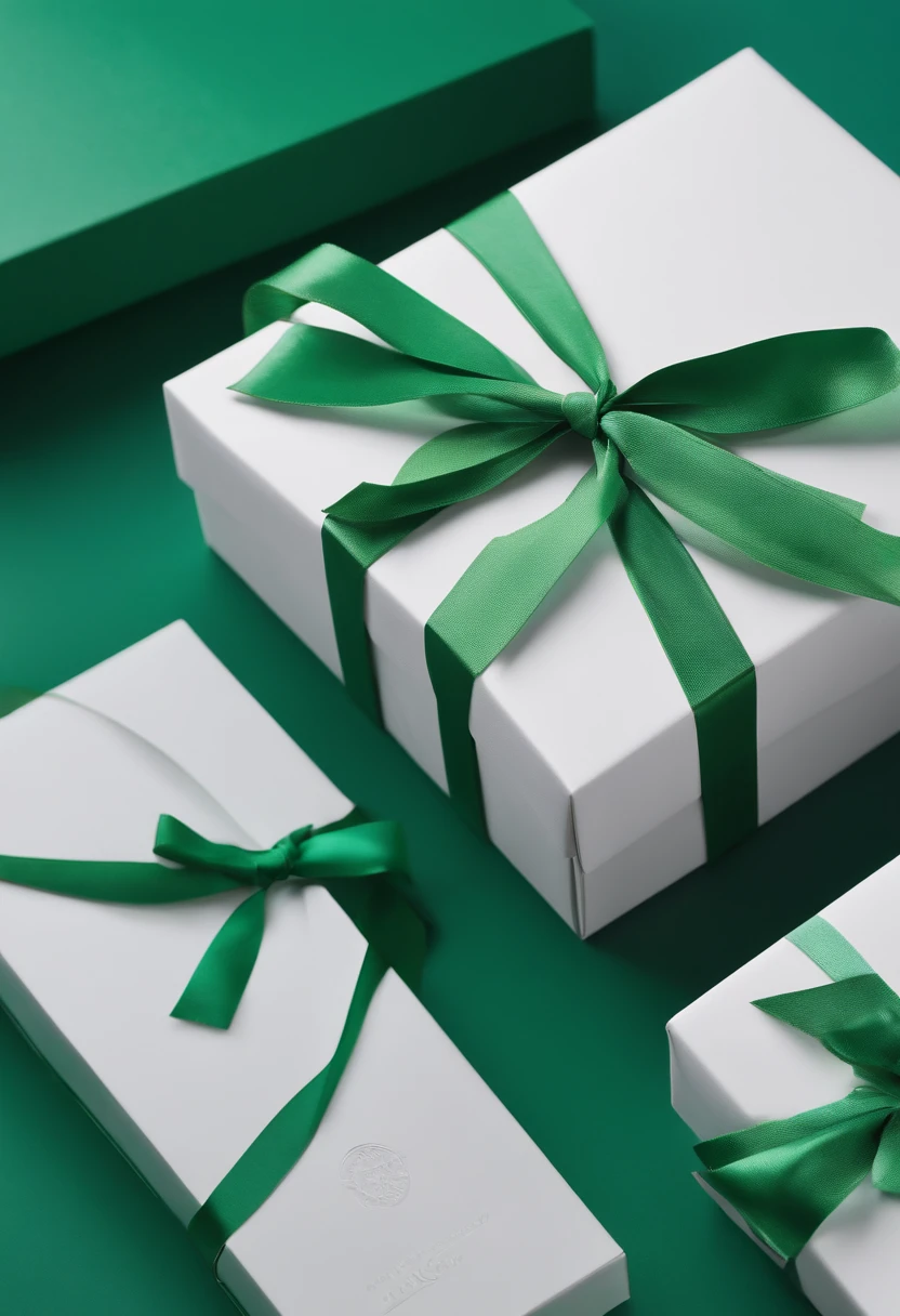 Close-up of white rectangular thin body gift box with green knot,Small bow, angled, Product photo, heavy, Official product photo, Blue-green paper, product image, Single box, Clean background, Go straight, frontage