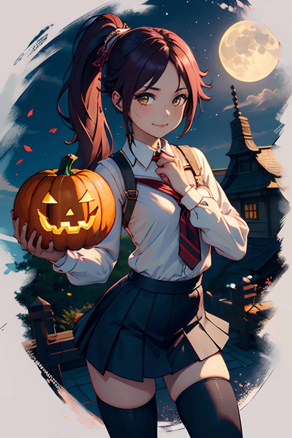 (masterpiece、top-quality:1.2)、cowboy shot、独奏、1girll、Shihoin Yoruichi、A smile、see the beholder、poneyTail、School Uniforms、a miniskirt、pantyhose、long boots、fullmoon、Pumpkin lantern