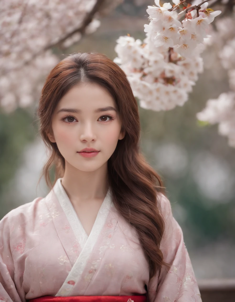 (best quality:1.4), (ultra highres:1.2), (photorealistic:1.4), (8k, RAW photo:1.2),(portrait shot:1.3), nenie_cgm48, 1girl, solo, long hair, brown hair, bokeh, depth of field, indoors, kimono, japanese clothes, cherry blossoms, looking at viewer,