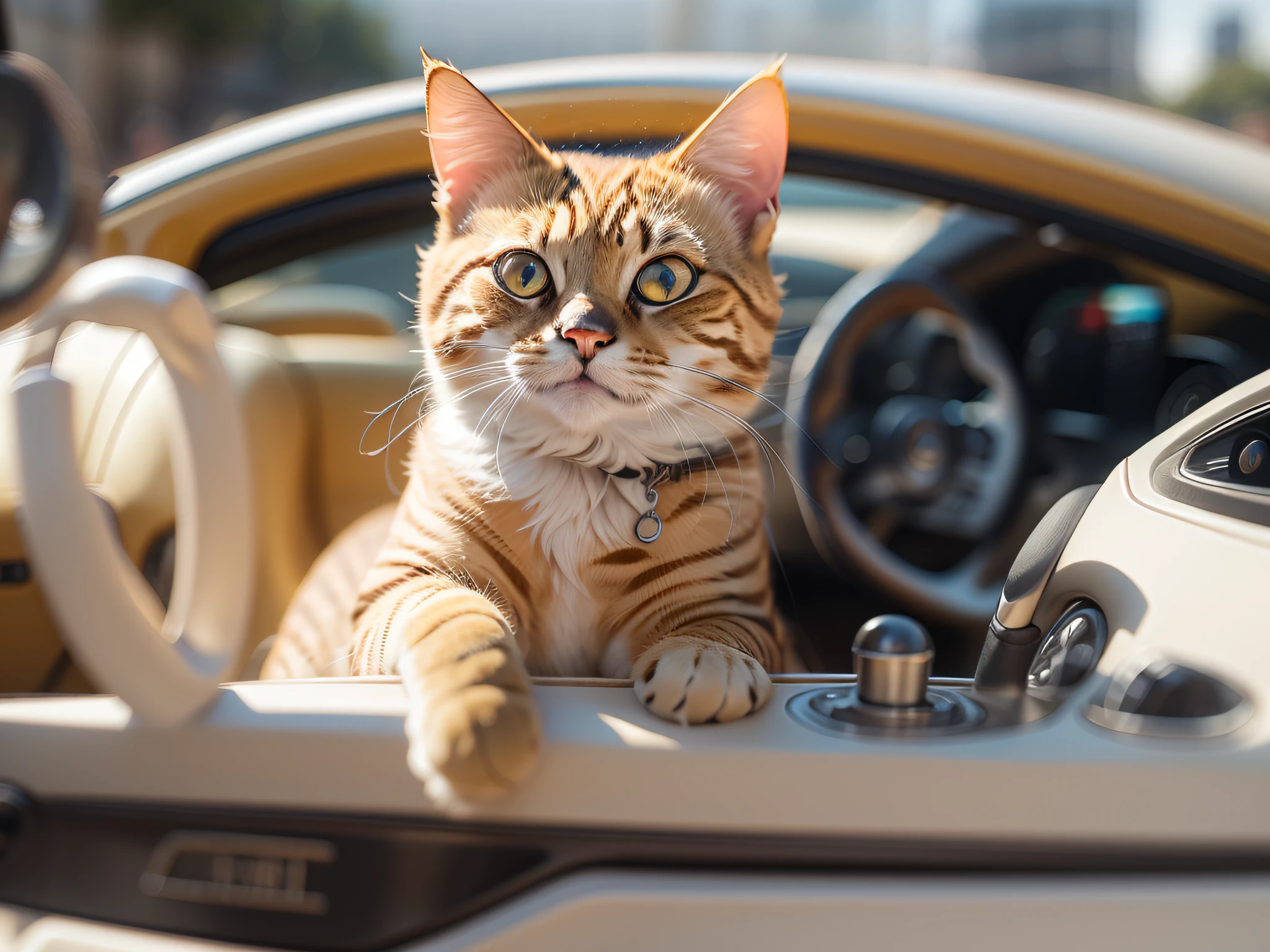 A round-eyed yellow cat sits in the driver's seat of a white supercar, streetview, the detail, 4K, k hd, high high quality