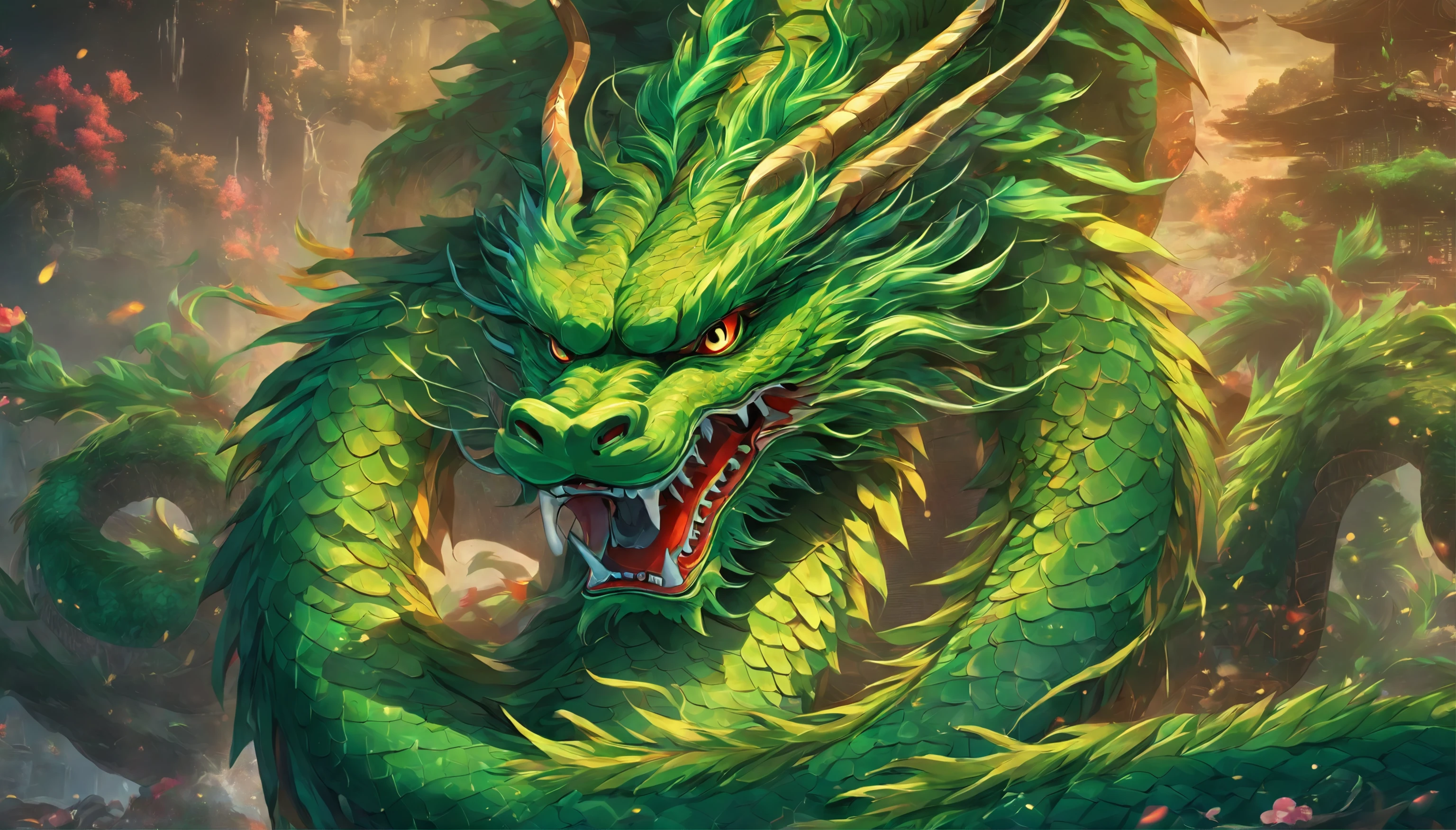 chinesedragon，Green Dragon，auspicious sign，mythological beasts，Long dragon whiskers，Covered with scales，腾云驾雾，high qulity，8K，rich details​，Great，divino，sharp talons