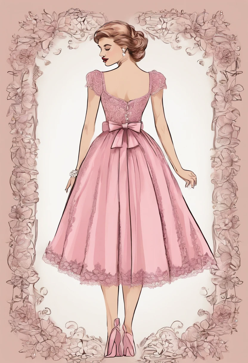 pink lace bow miniskirt design llustration,motion sketch,parachment,vintage book,infography--ar3:4