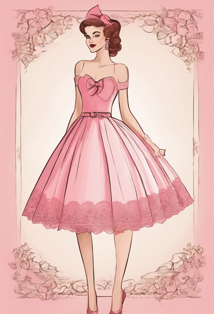 pink lace bow miniskirt design llustration,motion sketch,parachment,vintage book,infography--ar3:4