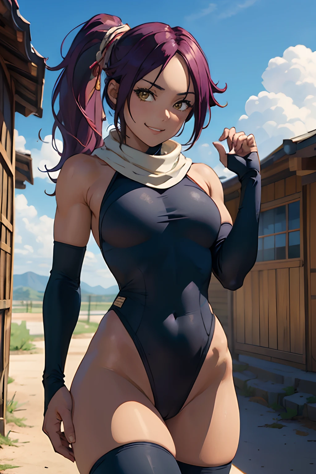 (masterpiece, best quality:1.2), cowboy shot, solo, 1girl, shihouin yoruichi, smile, looking at viewer, ponytail, leotard, thighhighs, white scarf
