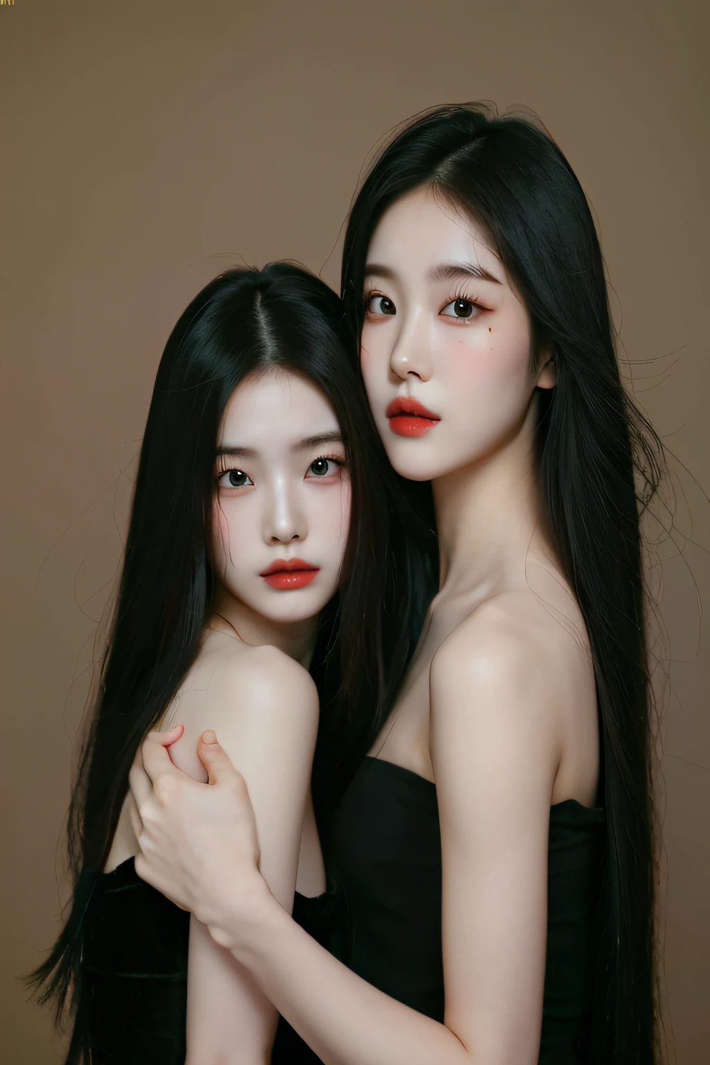 Two Asian women with long black hair pose for a group photo, beautiful gemini twins portrait, inspired by Wang Duo, Beautiful Gemini twins, asian features, Zhang Jingna, beautiful sci - fi twins, two models in the frame, With black, gongbi, Asian women, twins, popular korean makeup, xision wu, pale beautiful skin, Korean face features