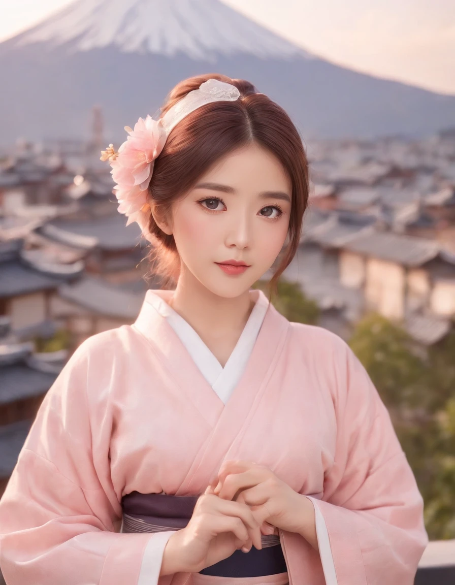 anime artwork Cinematic Lighting,available light,incredibly absurdres, 1girl,(blush:1.3),ssyy, eyes_focus,sunlight,rosy clouds,skirt_lift,gohei, ,portrait,print_kimono,looking_at_viewer,close-up,the background is mount fuji and kyoto cityscape, . anime style, key visual, vibrant, studio anime, highly detailed