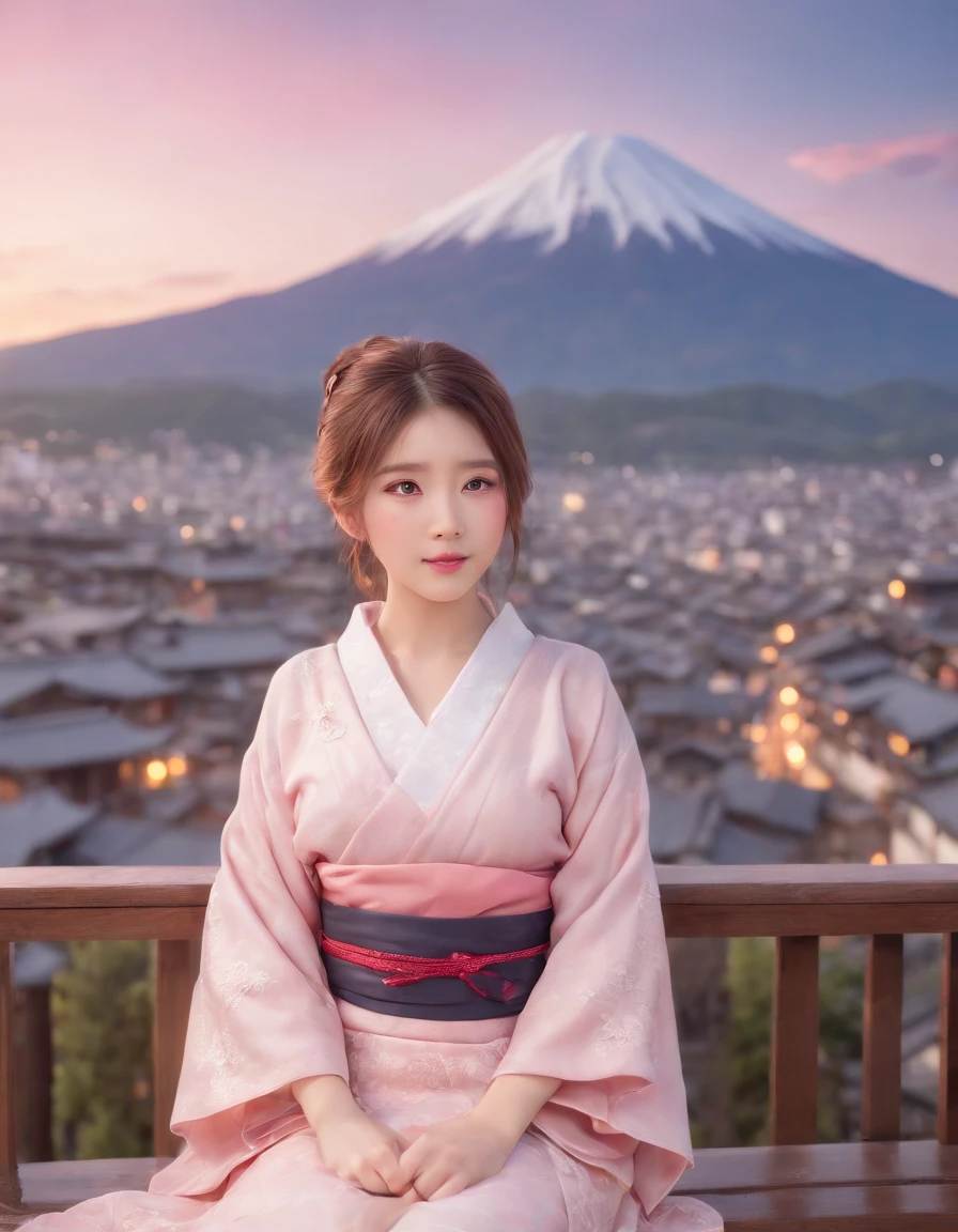 anime artwork Cinematic Lighting,available light,incredibly absurdres, 1girl,(blush:1.3),ssyy, eyes_focus,sunlight,rosy clouds,skirt_lift,gohei, ,portrait,print_kimono,looking_at_viewer,close-up,the background is mount fuji and kyoto cityscape, . anime style, key visual, vibrant, studio anime, highly detailed