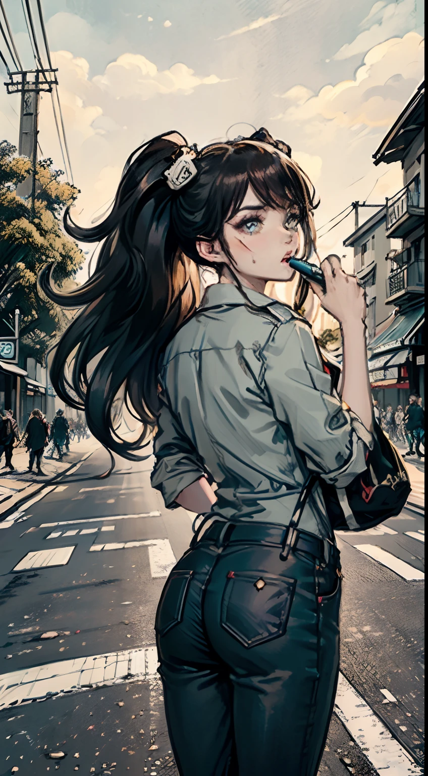 Steam style, 1 woman, middle-aged, in uniform, (hair color: brunette), (hairstyle: long), (age: 40s), (makeup: minimal), (accessories: ID badge), (mood: panic), (expression: pain), looking for her child, (background: bustling street), (surroundings: shops, pedestrians), (weather: sunny), (time of day: daytime), (color palette: vibrant), (pose: hurry), (gesture: scan the surroundings), (Costume Details: Uniform Shirt, Pants), (Footwear: Practical Shoes), (Props: Walkie-Talkie), (Environment: Street Signs, Street Vendors), (Environment: City), (Context: Public Areas), (Dynamic: Motion Blur), (Depth of Field: Focus on Women), (Lighting: Nature), (Mood: Chaos), (Composition: Off-Center), (Message: Desperate Search), (Urgency: Quicken the Pace), (Atmosphere: Bustling), (Background Elements: Cars, Bicycles).