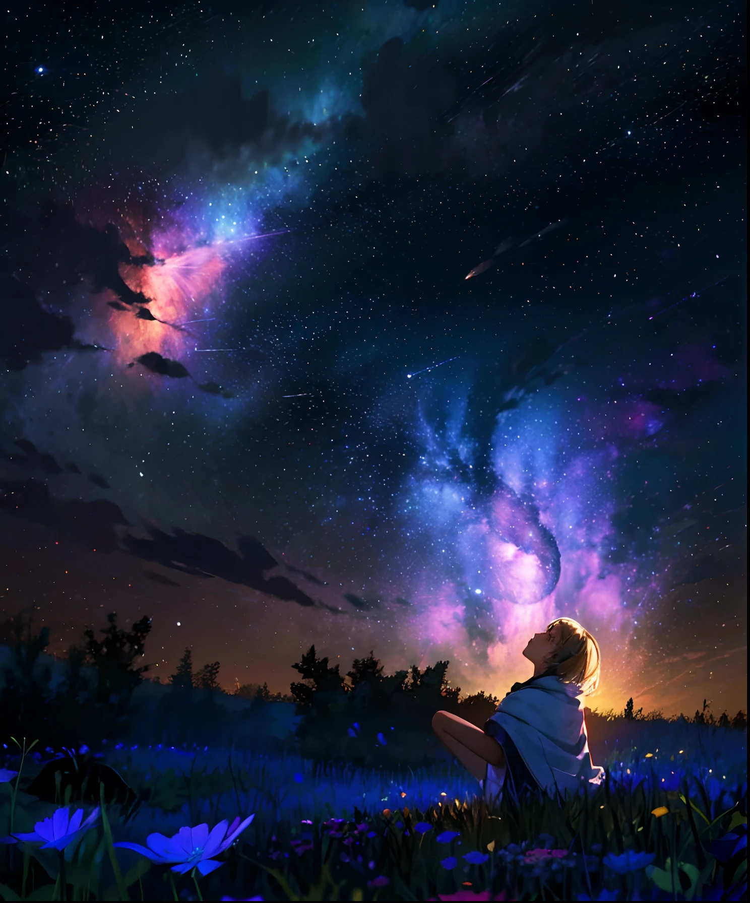 Describe a scene where a cute girl character is lying on a grassy hill, Looking up at the starry sky. Surround her with colorful nebulae and her favorite constellations.