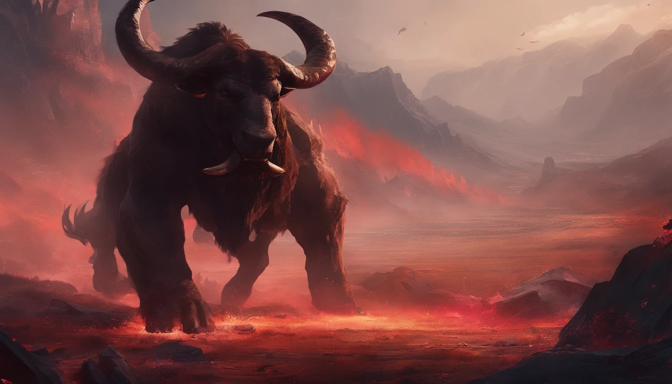 A terrifying pitch-black minotaur threw his tomahawk into the ground,The ground exploded,sense of strength,Momentum,Huge horns,red color eyes,evil,Medieval landscape,Fantastical,4K,best qualtiy,primitive,((Ultra-detailed and high-precision details)),Power Hero & Magic 3,Fantastical,The background is the canyon plain,The scene is impressive