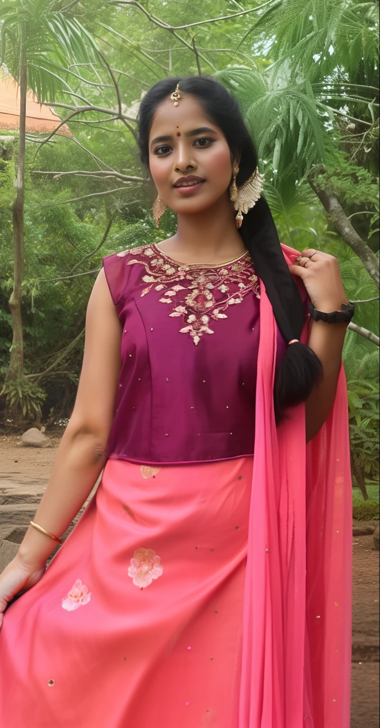 a close up of a woman in a pink dress and a pink shawl, wearing an elegant tribal outfit, traditional beauty, around 20 yo, around 1 9 , wearing pink floral chiton, indian girl with brown skin, wearing an ornate outfit, profile photo, wearing bihu dress mekhela sador, indian