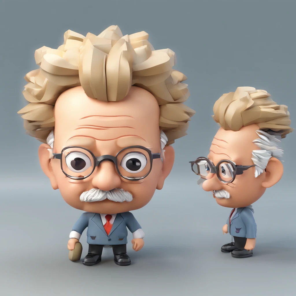 Design a chibi-style avatar of Albert Einstein that prominently features his face while cleverly incorporating elements to signify artificial intelligence. Maintain the key facial characteristics of Einstein, such as his iconic hairstyle and glasses, but infuse subtle hints of AI by giving him a futuristic headgear, like a cute AI-powered headset or glasses with digital displays showing advanced algorithms. The aim is to create a chibi Einstein with his recognizable face while implying a connection to AI technology.