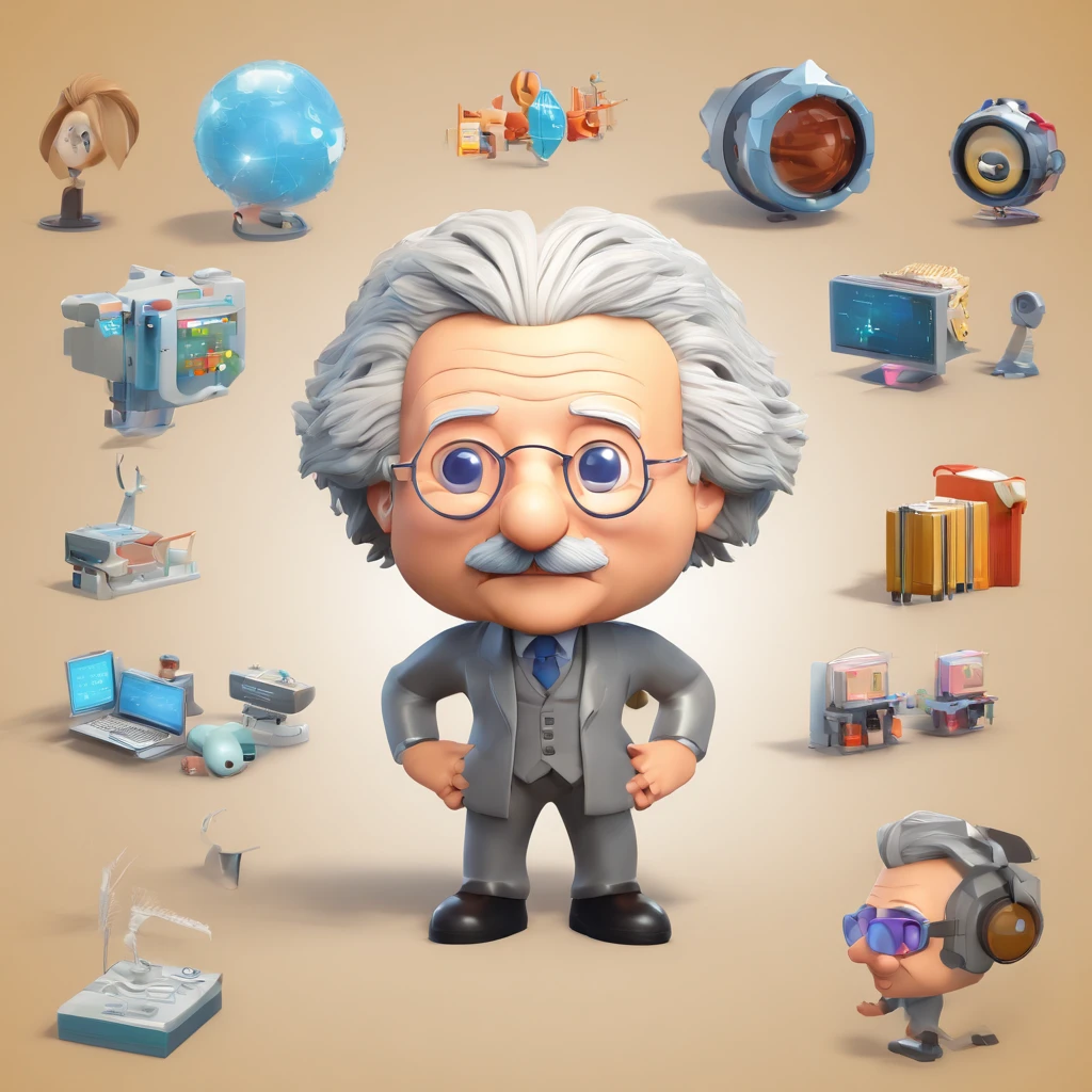Design a chibi-style avatar of Albert Einstein that prominently features his face while cleverly incorporating elements to signify artificial intelligence. Maintain the key facial characteristics of Einstein, such as his iconic hairstyle and glasses, but infuse subtle hints of AI by giving him a futuristic headgear, like a cute AI-powered headset or glasses with digital displays showing advanced algorithms. The aim is to create a chibi Einstein with his recognizable face while implying a connection to AI technology.
