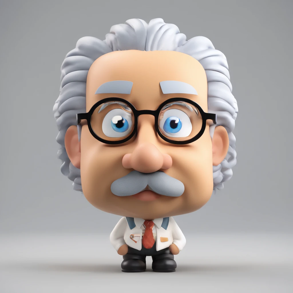 Design a chibi-style avatar of Albert Einstein that prominently features his face while cleverly incorporating elements to signify artificial intelligence. Maintain the key facial characteristics of Einstein, such as his iconic hairstyle and glasses, but infuse subtle hints of AI by giving him a futuristic headgear, like a cute AI-powered headset or glasses with digital displays showing advanced algorithms. The aim is to create a chibi Einstein with his recognizable face while implying a connection to AI technology.