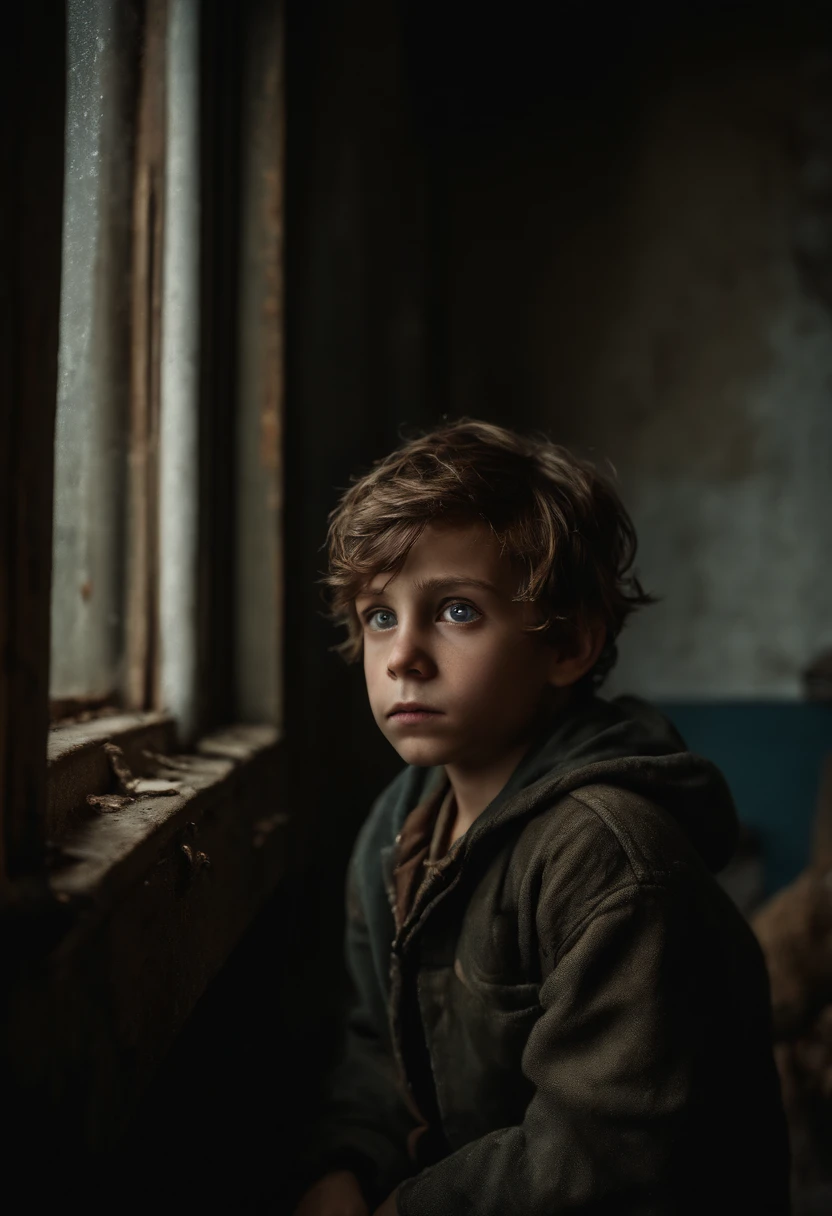 (((best quality))), high detail, depth of field, Focus: 1.2, postapocalyptic boy with cat, weary eyes, fine eyes, big eyes, tattered and rotted clothing, Hair is unkempt and tangled, skin is marred with grime and dirt, abandoned, gloomy room inside a old van and with a broken window, detailed face and eyes is sad and scared, ((masterpiece)), (realistic photo:1.5), (((high resolution illustration))), (((extremely detailed))), dramatic shadows, cinematic