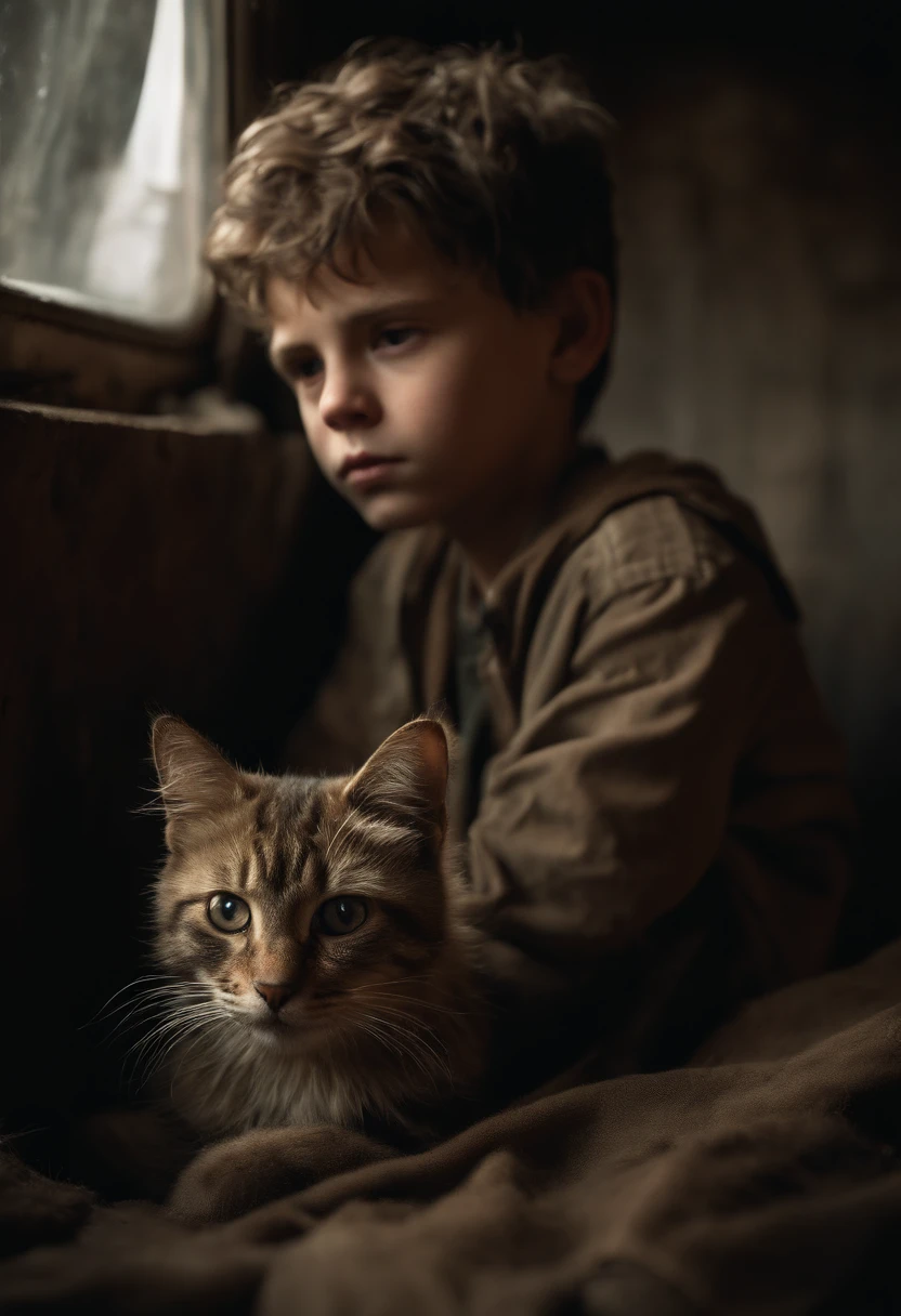 (((best quality))), high detail, depth of field, Focus: 1.2, postapocalyptic  boy with cat, weary eyes, fine eyes, big eyes, tattered and rotted clothing, Hair is unkempt and tangled, skin is marred with grime and dirt, abandoned, gloomy room inside a old van and with a broken window, detailed face and eyes is sad and scared, ((masterpiece)), (realistic photo:1.5), (((high resolution illustration))), (((extremely detailed))), dramatic shadows, cinematic