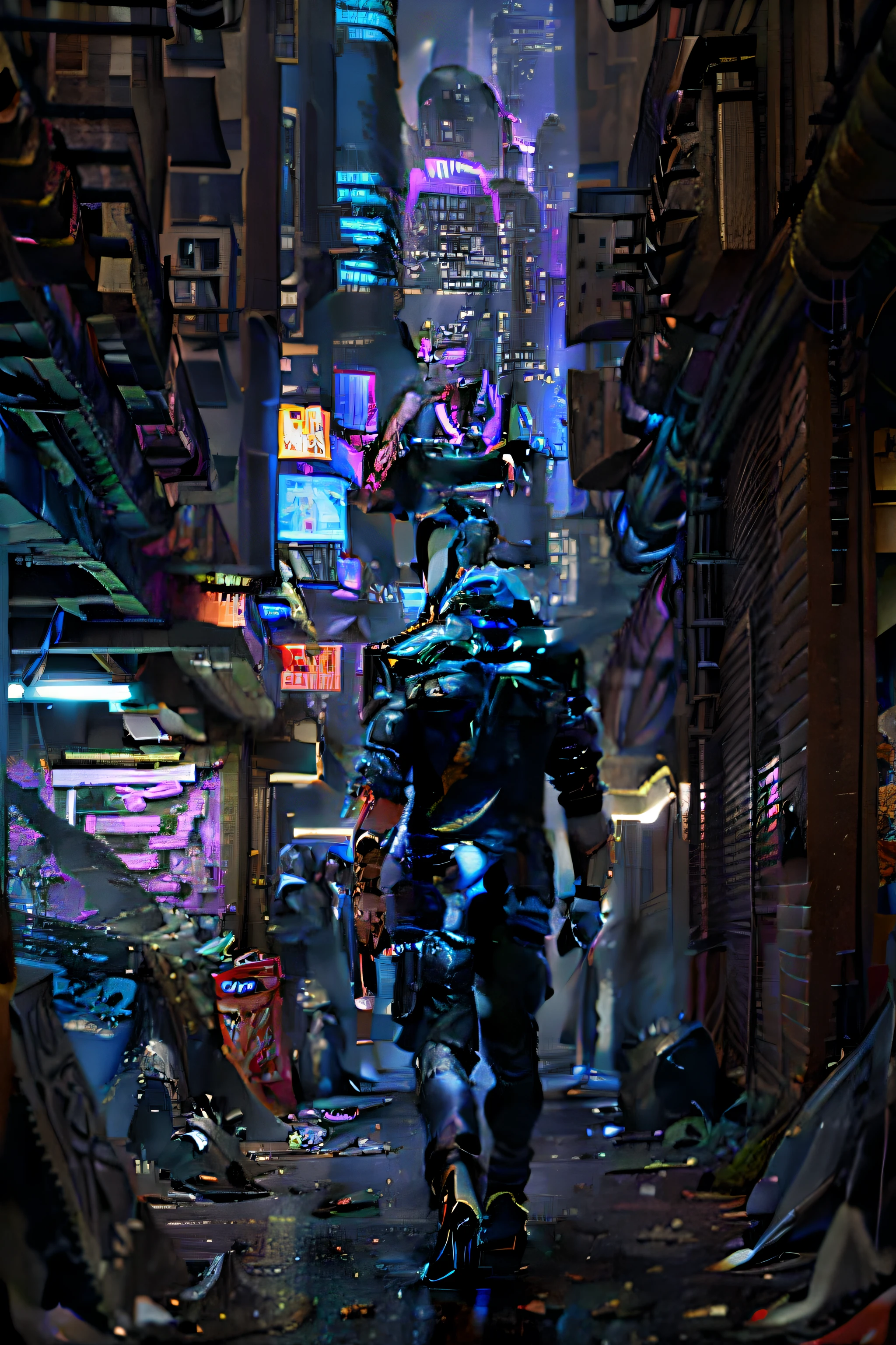 Under the black skyline，A man looms in a shade of blue，Behind it is a cyberpunk-style city