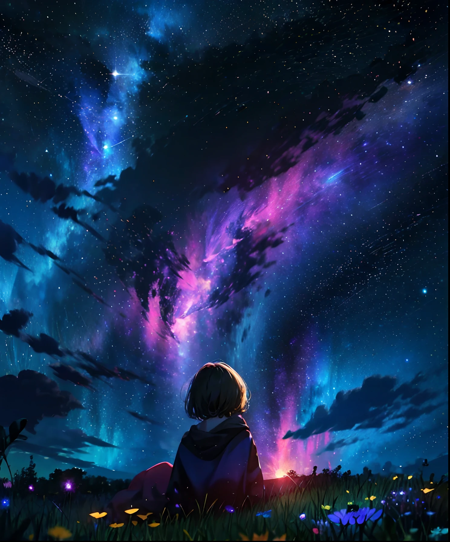 Describe a scene where a cute girl character is lying on a grassy hill, Looking up at the starry sky. Surround her with colorful nebulae and her favorite constellations.