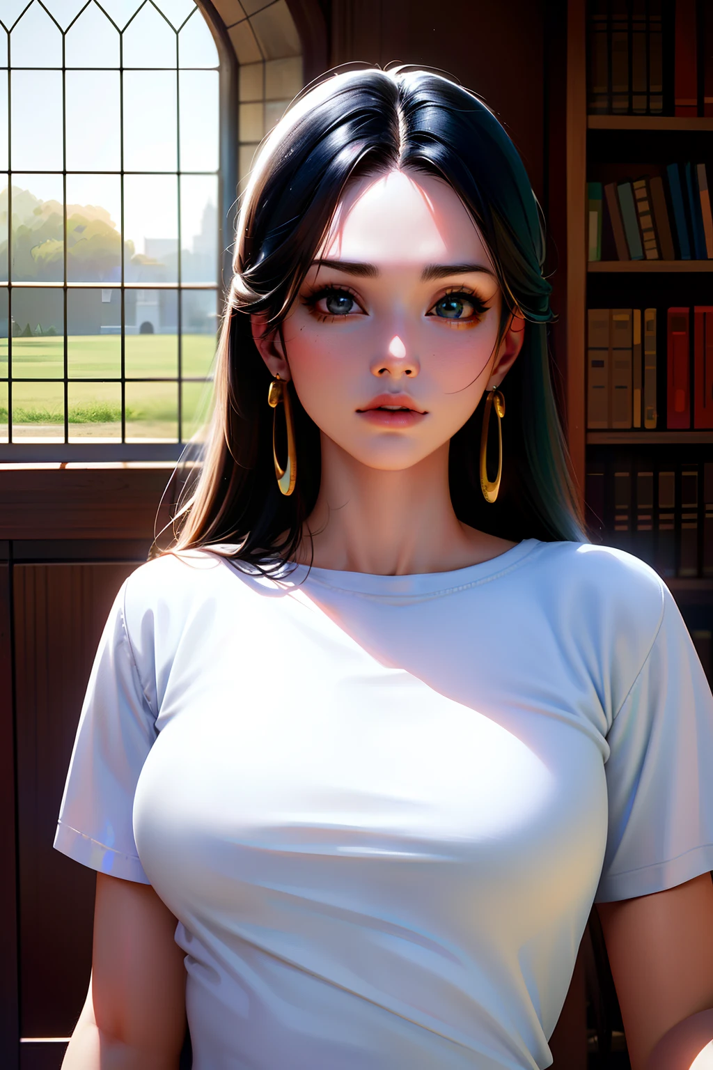 ultra realistic 8k cg, masterpiece, ((ultra detailed background, delicate pattern, intricate detail, highly detailed, fine details best quality, hyperdetailed face)), (photorealistic:1.4),beautiful lighting, absurdres, RAW photo, film grain, BoaHancockV2, 1girl, solo, black hair, long hair, jewelry, closed mouth, (((medium breasts, slim girl))), (white T-shirt, jeans earrings, black eyes, complex detailed background, inside, castle room environment, medieval castle, gray walls, window, bookshelf), ((portrait)),
