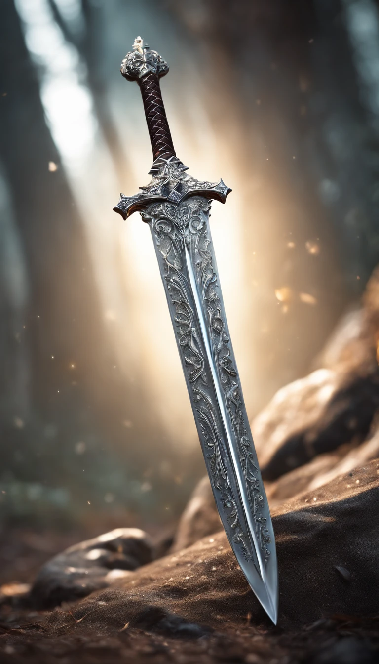 (Outstanding、Professional、Surreal)、Detailed white silver sword, Metallic magical texture, Lying on the ground