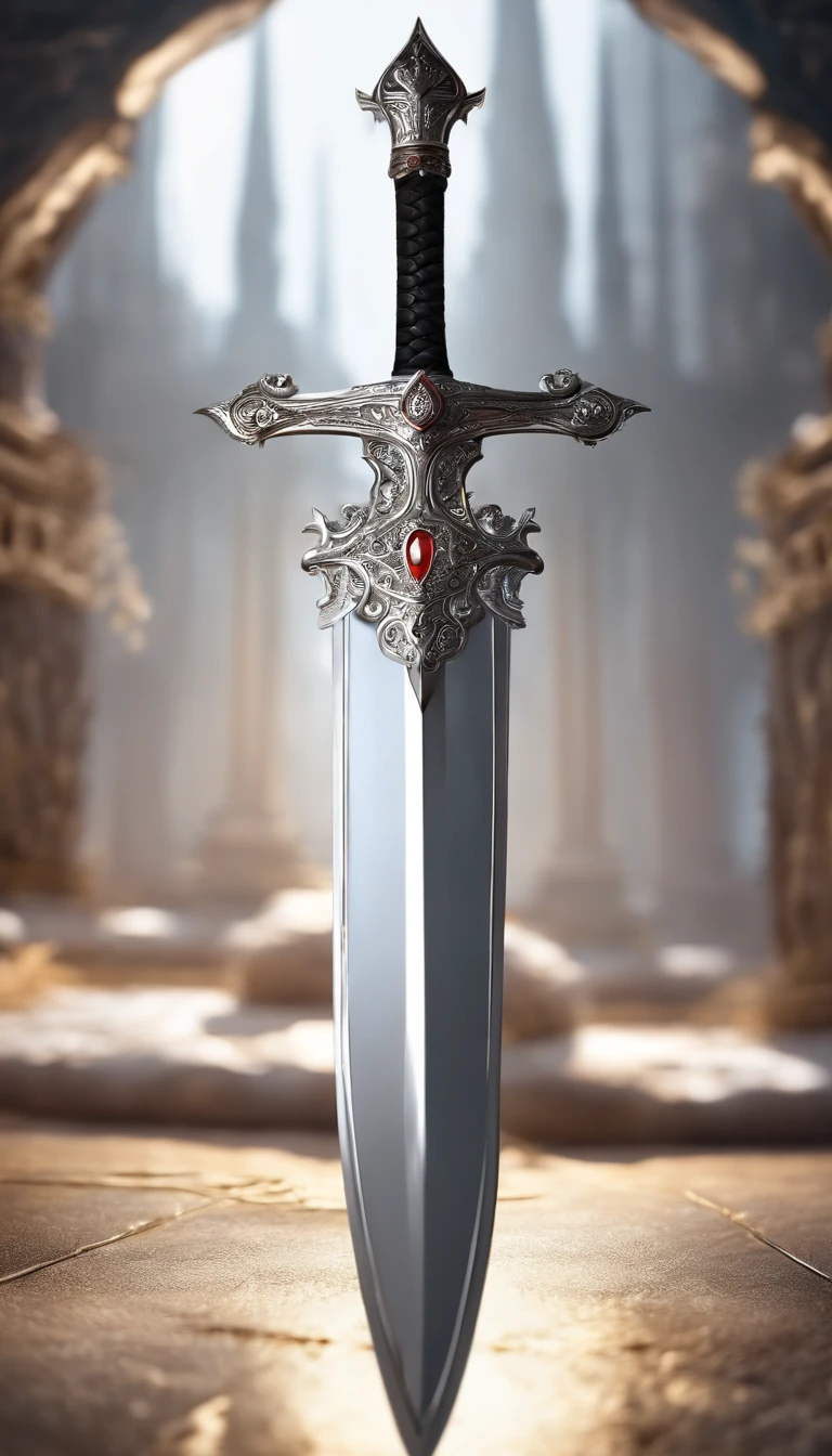 (Outstanding、Professional、Surreal)、Detailed white silver sword, Metallic magical texture, Lying on the ground