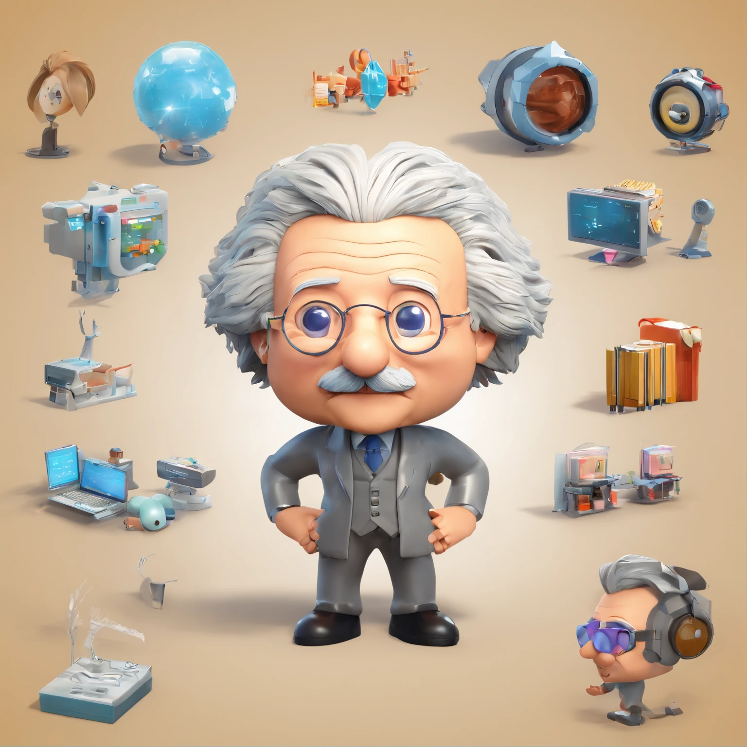 Design a chibi-style avatar of Albert Einstein that prominently features his face while cleverly incorporating elements to signify artificial intelligence. Maintain the key facial characteristics of Einstein, such as his iconic hairstyle and glasses, but infuse subtle hints of AI by giving him a futuristic headgear, like a cute AI-powered headset or glasses with digital displays showing advanced algorithms. The aim is to create a chibi Einstein with his recognizable face while implying a connection to AI technology.