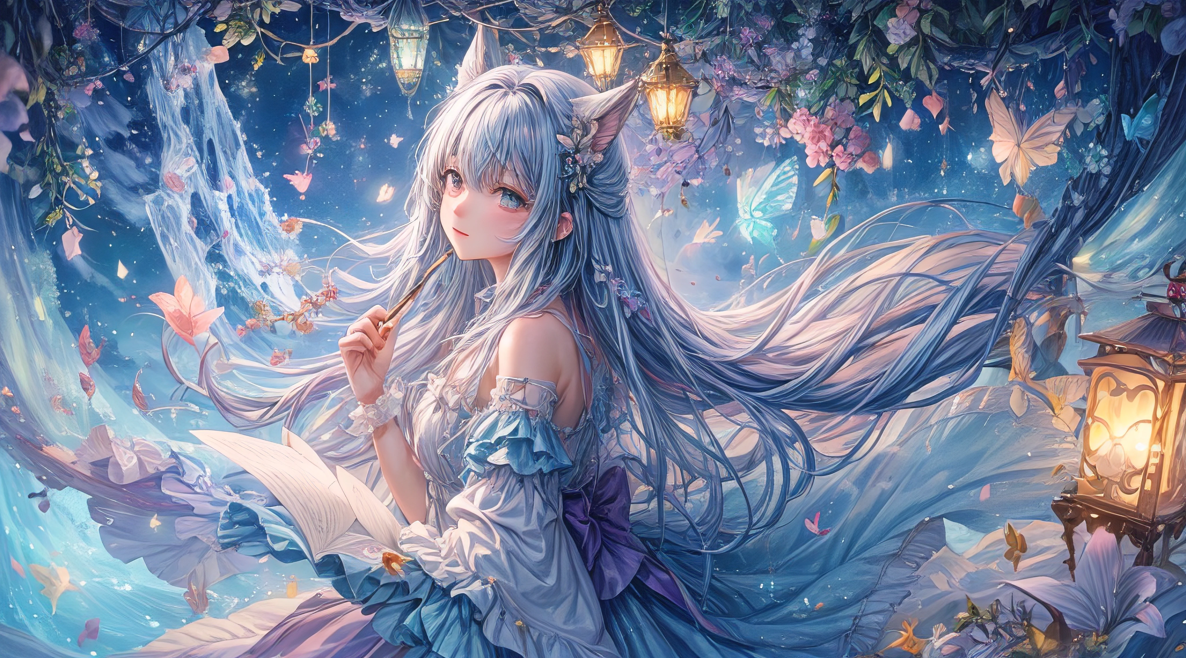 "Enchanting mixed media collage with Cotton candy clouds, Marshmallow mountains, Schocolate stick trees, a mesmerizing Watercolor waterfall, delicate Paper flowers, whimsical scenes of charming candypaper foil butterflies around fairy lights."