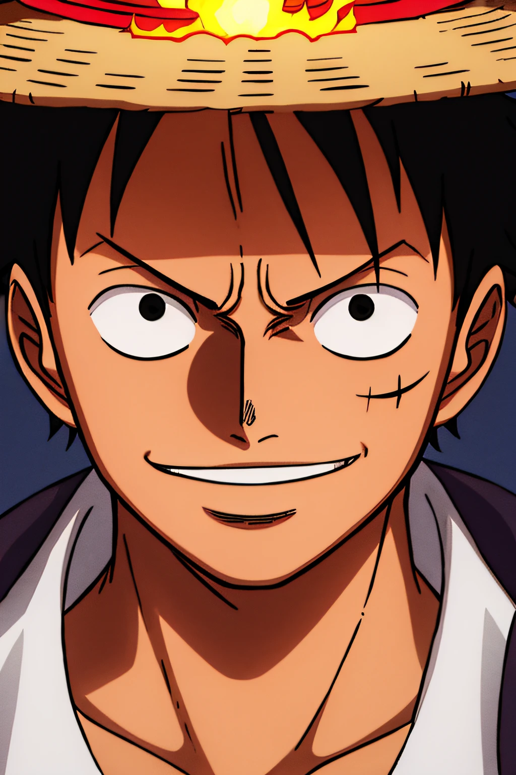 1boy, wanostyle, monkey d luffy, smiling, straw hat, looking at viewer, solo, upper body, ((masterpiece)), (best quality), (extremely detailed), depth of field, sketch, dark intense shadows, sharp focus, soft lighting, hdr, colorful, good composition, fire all around, spectacular, closed shirt, anime screencap, scar under eye, ready to fight, black eyes, near his friends zoro, roronoa zoro