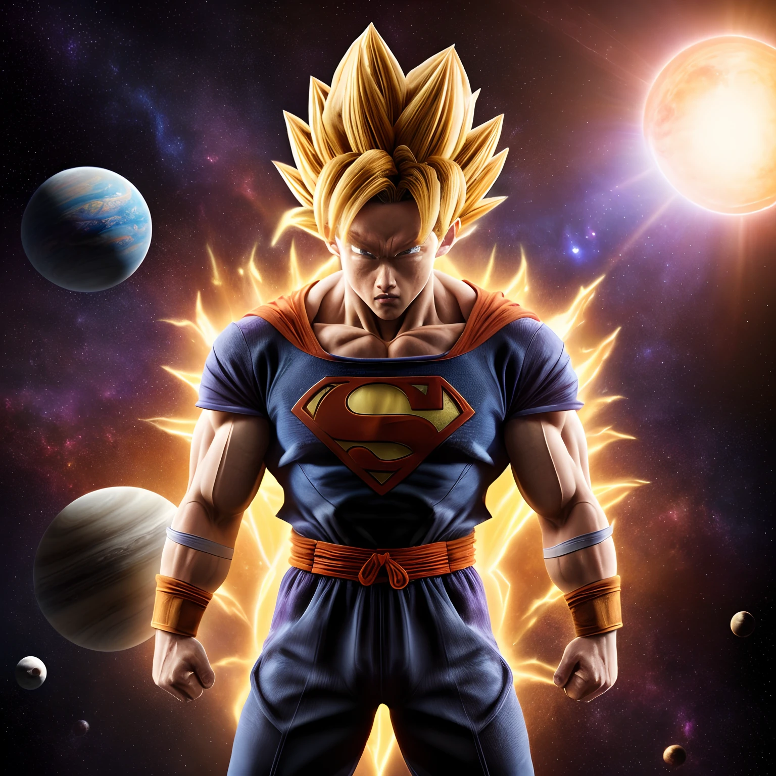 Super man full body, 8k, masterpiece, (goku:1.2), realistic, portrait, space background, perfect face, detailed face, (super saiyan:1.2), glowing purple hair, (planet:1.3)