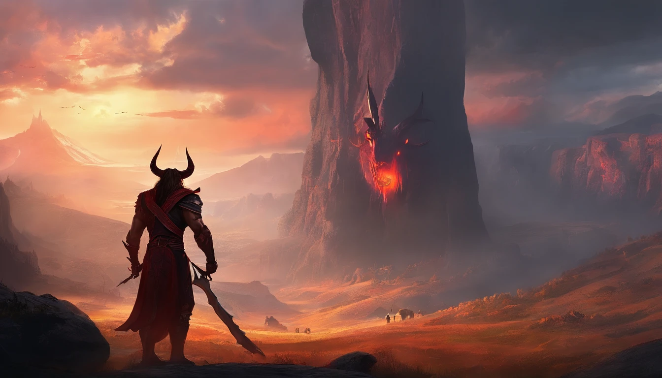 A terrifying pitch-black minotaur threw his tomahawk into the ground，The ground exploded，sense of strength，Momentum，Huge horns，red color eyes，evil，Medieval landscape，Fantastical，4K，best qualtiy，primitive，（(Ultra-detailed and high-precision details))，Power Hero & Magic 3，Fantastical，The background is the canyon plain，The scene is impressive