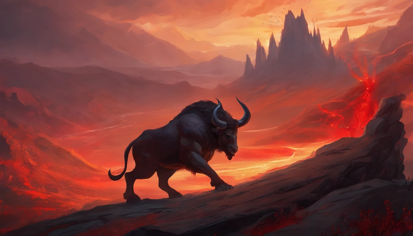 A terrifying pitch-black minotaur threw his tomahawk into the ground,The ground exploded,sense of strength,Momentum,Huge horns,red color eyes,evil,Medieval landscape,Fantastical,4K,best qualtiy,primitive,((Ultra-detailed and high-precision details)),Power Hero & Magic 3,Fantastical,The background is the canyon plain,The scene is impressive