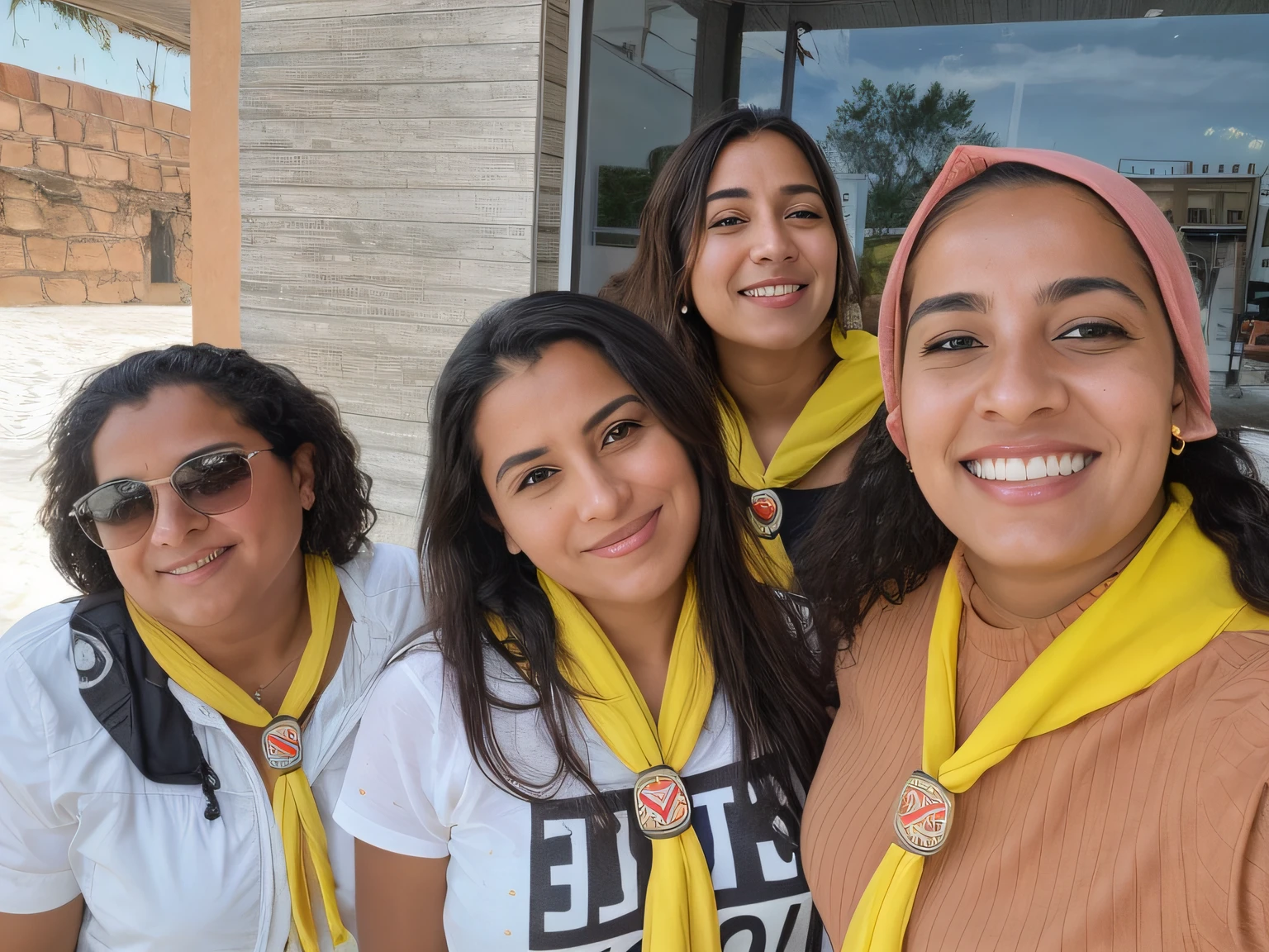 Several women pose for a photo in front of a building, com panos amarelos, taken in the early 2020s, com pele parda, non blurry, com pintinhos, 2 0 1 9, 2019, tomada em 2 0 2 0, instagram story, com rostos molhados!!, meninas jovens, taken with the best dlsr camera