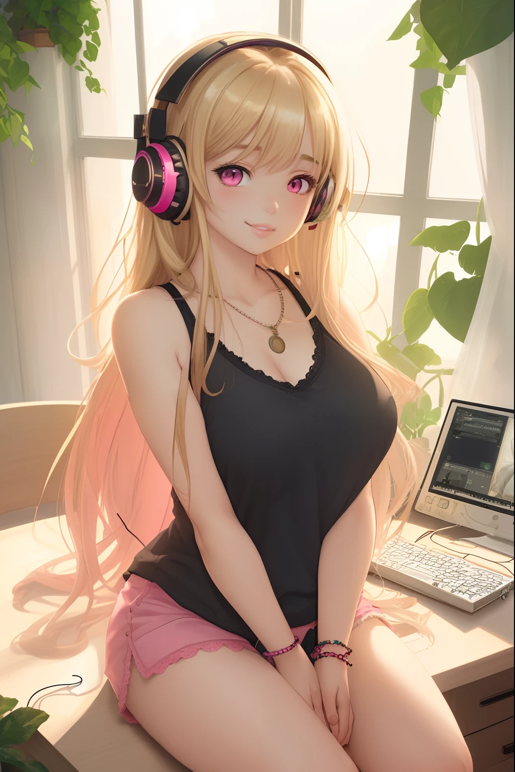 (masterpiece, best quality), 1girl, solo, long hair, blonde hair, pink eyes, thick lips, sitting, indoors, window, plant, pink bedroom background, pajamas, game controller, short shorts, tank top, lace trim tank top, necklaces, bracelets, looking at viewer, extremely detailed, illustration, large breasts, thick thighs, cute colors, computer desk, headphones, light smile