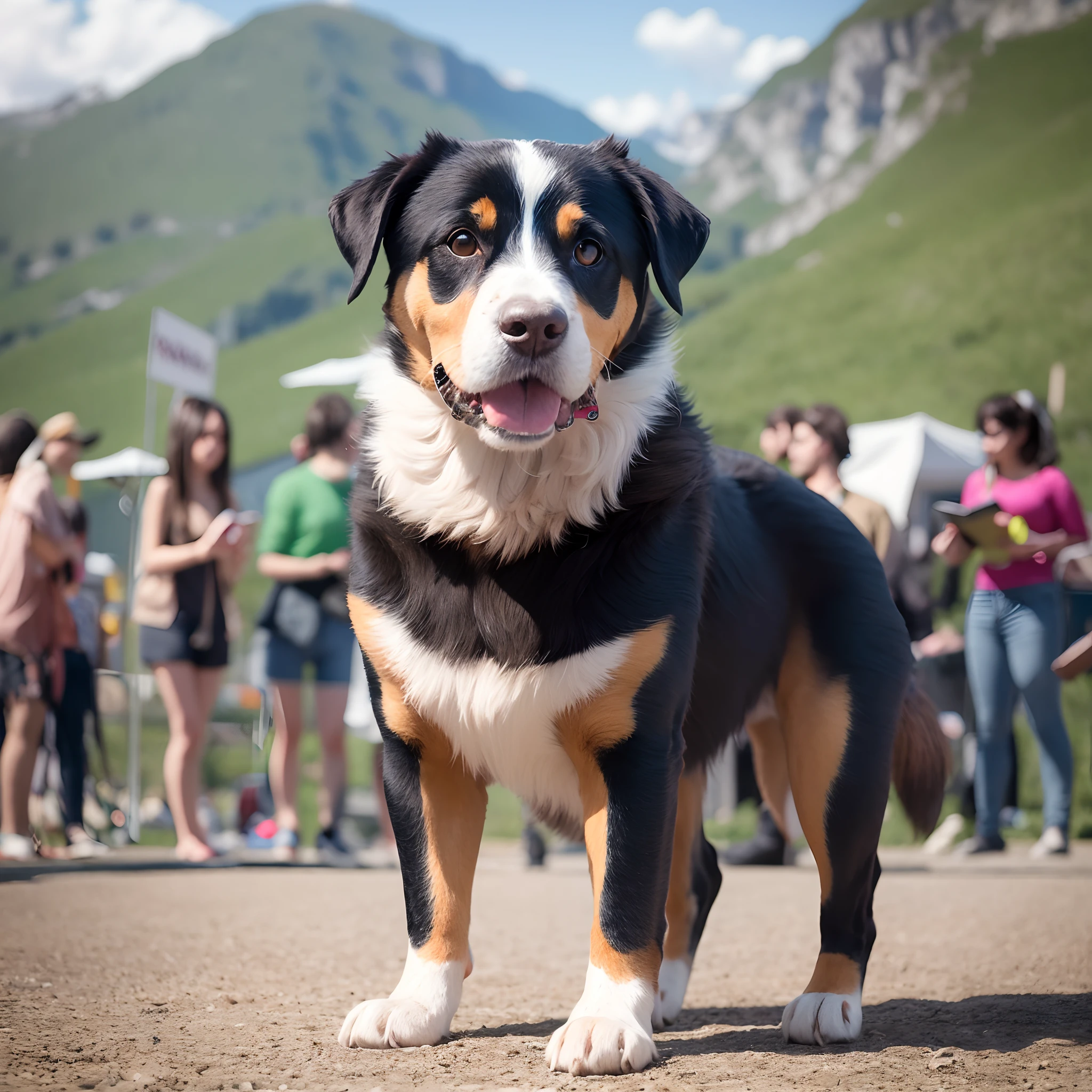A Swiss Mountain Dog is at a dog park, wearing a superhero cape. The dog is standing on a small stage with a sign that says, "Dog Talent Show." Hyper-realistic, 8K, Ultra HD, Pixar style, Disney style, CINEMA 4D, -- ar 3:2 --auto --s2