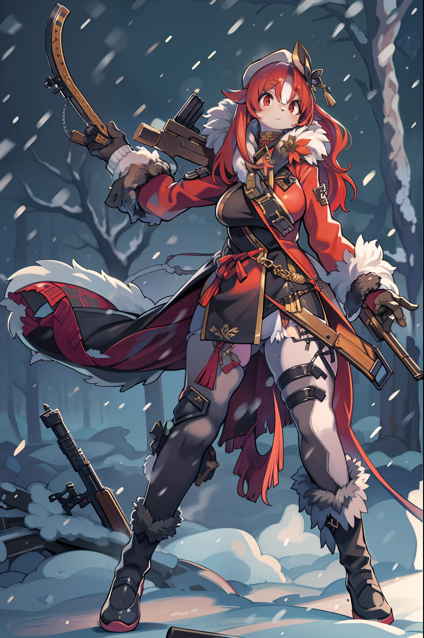 Huntress girl with huge rifle in snow fight pose,oriental,blade and soul,InkStyle,long red hair,Leather and fur coat,Tight mini skirt、Cold,The artwork,2D,4K,Detailed,Fantasia、((Huge rifle)),bbw、thick thight、big butts、