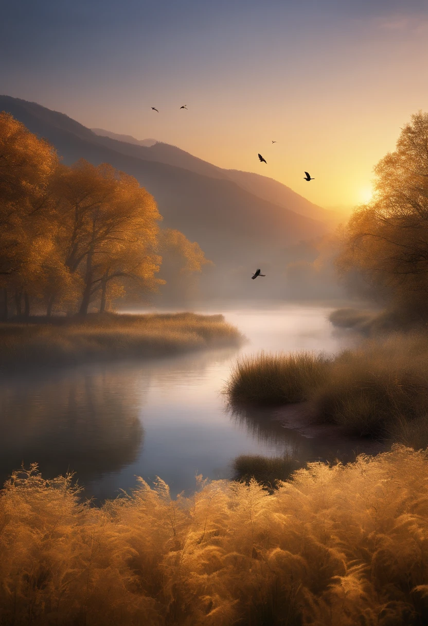 Peaceful scenery at dawn, Soft gold tones depict the horizon where birds sing, Image in 2560 x 1440 pixel format