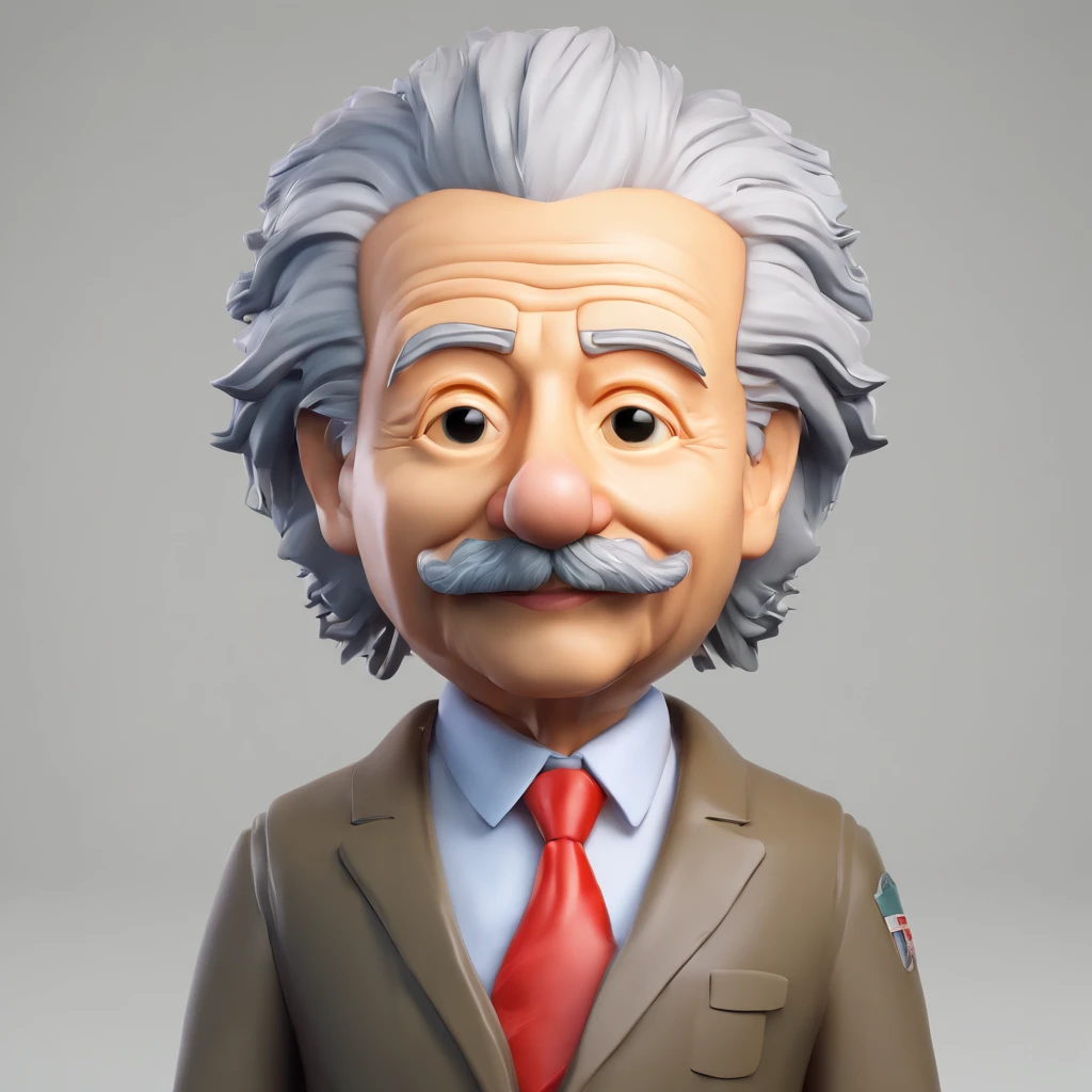 Design a chibi-style avatar of Albert Einstein that prominently features his face while cleverly incorporating elements to signify artificial intelligence. Maintain the key facial characteristics of Einstein, such as his iconic hairstyle and glasses, but infuse subtle hints of AI by giving him a futuristic headgear, like a cute AI-powered headset or glasses with digital displays showing advanced algorithms. The aim is to create a chibi Einstein with his recognizable face while implying a connection to AI technology.
