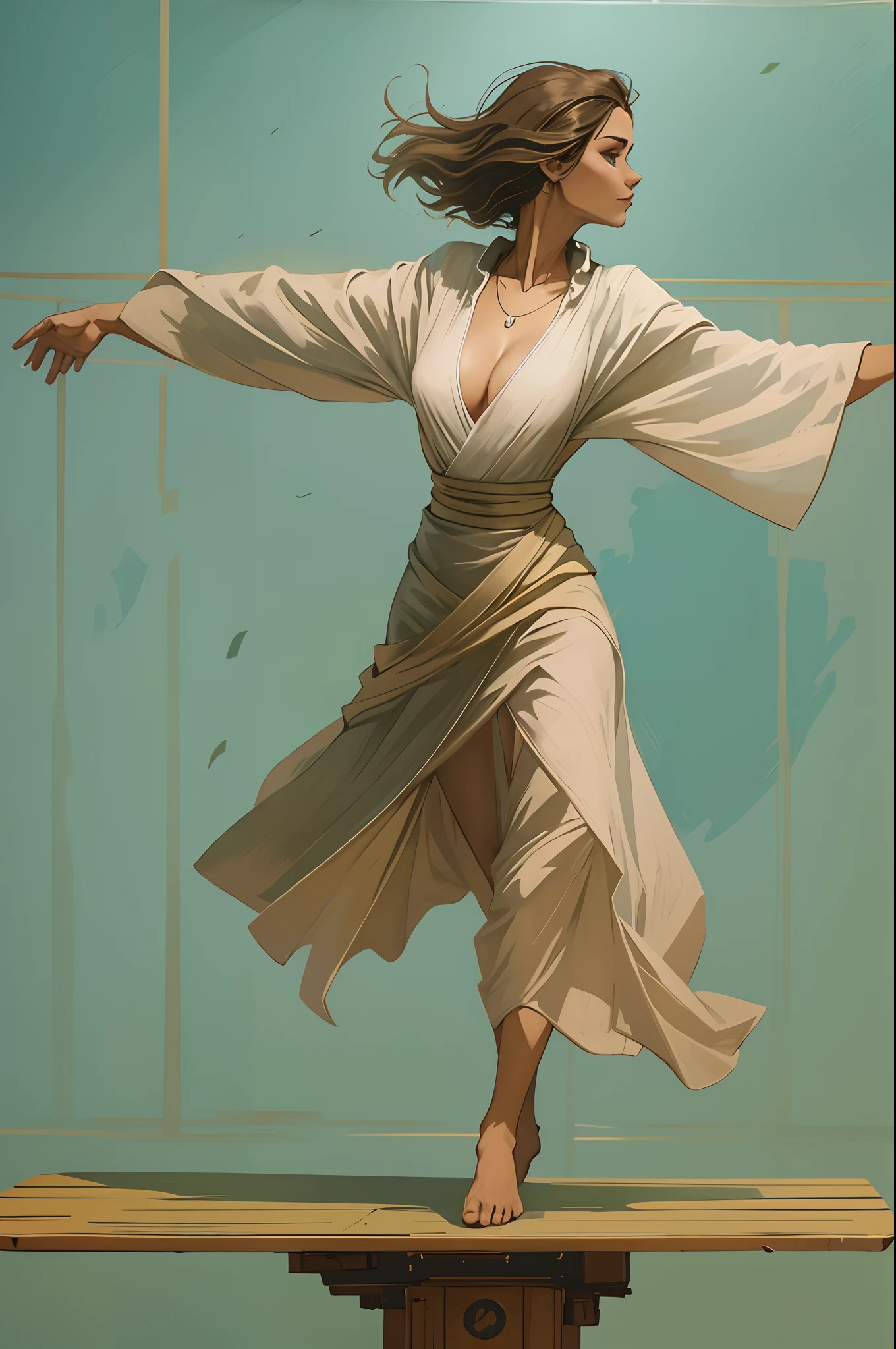 A beautiful woman walking over a board, outstretched arms, balancing