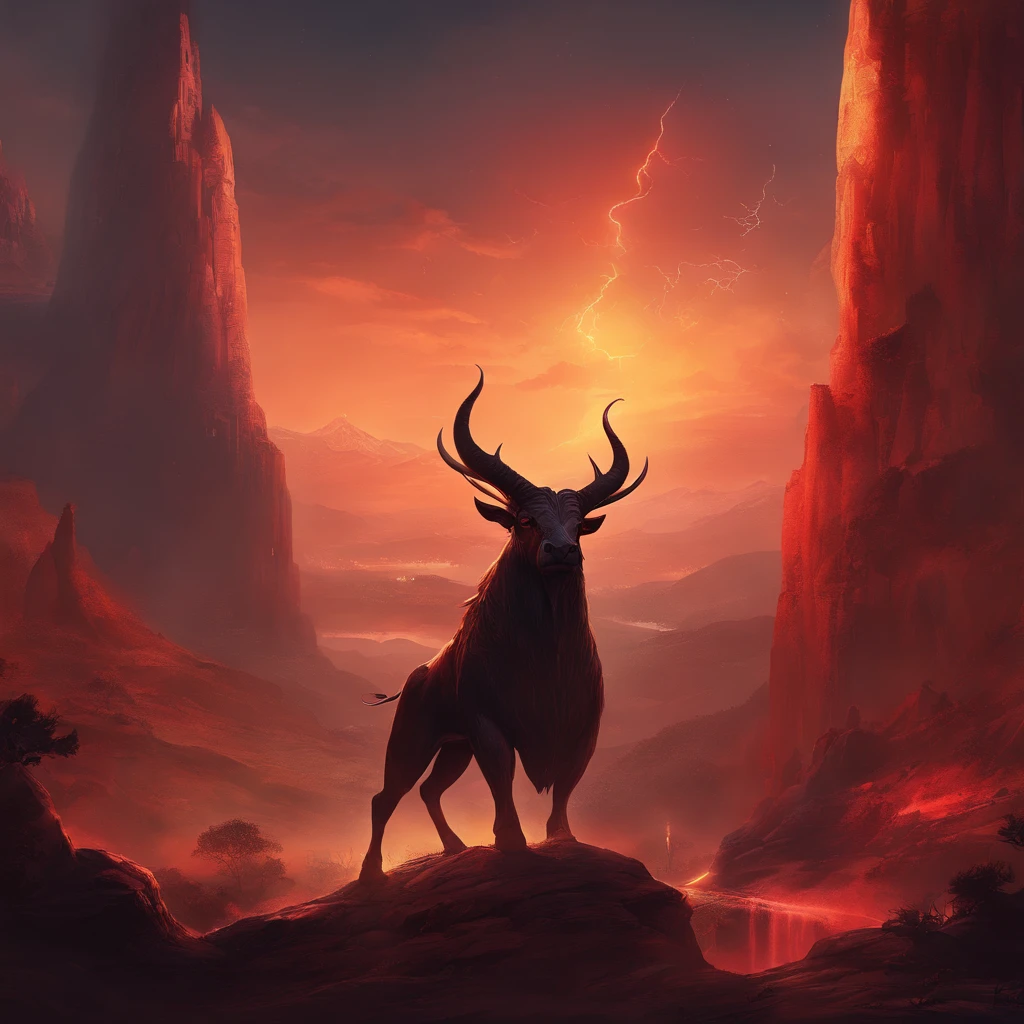 A terrifying pitch-black minotaur threw his tomahawk into the ground,The ground exploded,sense of strength,Momentum,Huge horns,red color eyes,evil,Medieval landscape,Fantastical,4K,best qualtiy,primitive,((Ultra-detailed and high-precision details)),Power Hero & Magic 3,Fantastical,The background is the canyon plain,The scene is impressive