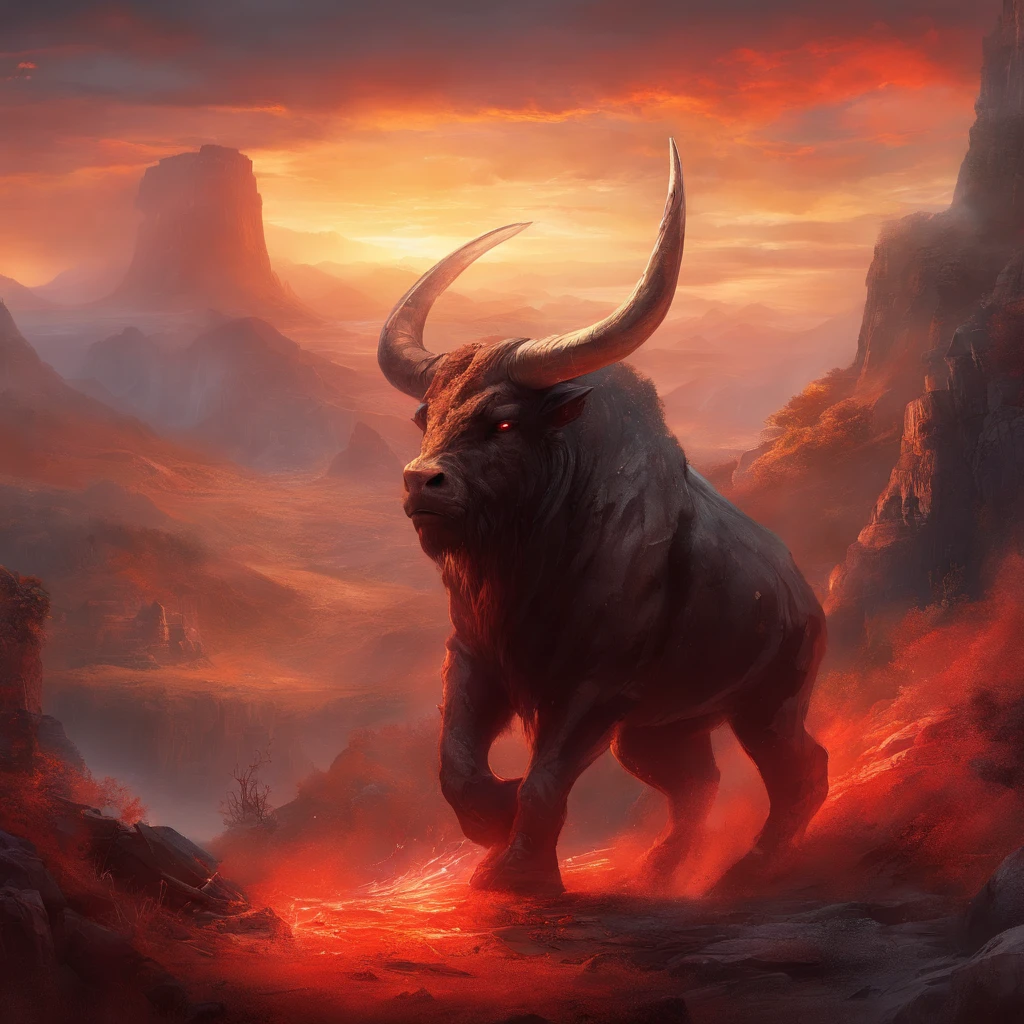A terrifying pitch-black minotaur threw his tomahawk into the ground,The ground exploded,sense of strength,Momentum,Huge horns,red color eyes,evil,Medieval landscape,Fantastical,4K,best qualtiy,primitive,((Ultra-detailed and high-precision details)),Power Hero & Magic 3,Fantastical,The background is the canyon plain,The scene is impressive