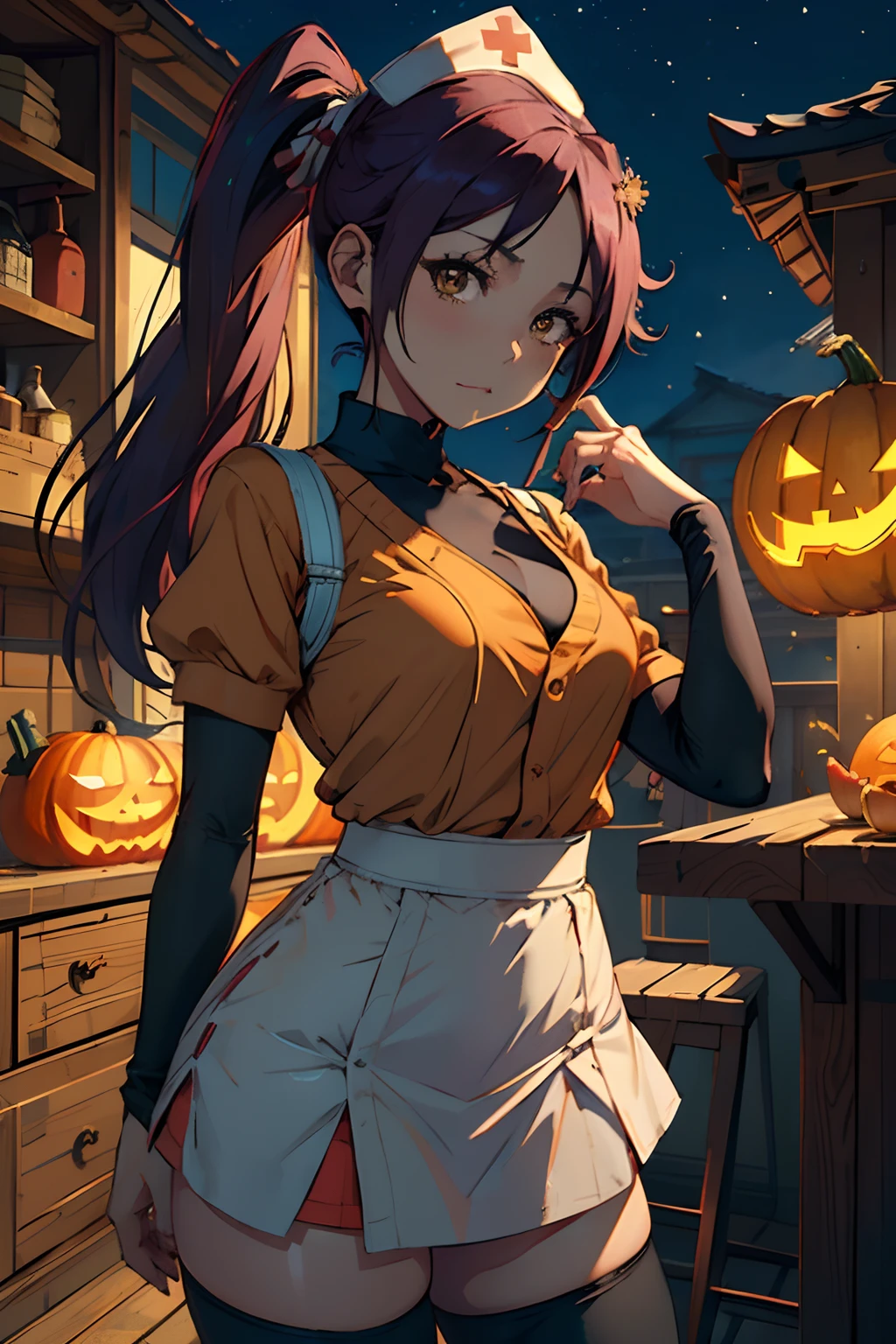 (masterpiece、top-quality:1.2)、cowboy shot、独奏、1girll、Shihoin Yoruichi、embarassed expression、see the beholder、(poneyTail)、((nurse's outfit))、(a miniskirt)、(pantyhose)、long boots、fullmoon、Pumpkin Lantern、Brown-skinned