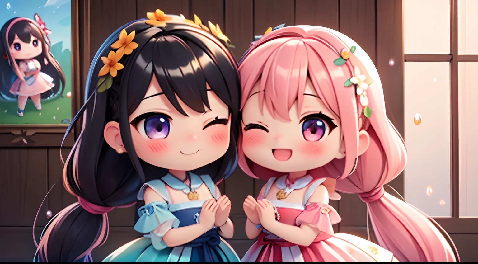 photoRealstic、Two dolls standing in front of the painting(nendroid)、A smile、Water droplets on the cheeks、In a cute pose、watercolor Nendoroid、(High Definition Figure)、Flowing iridescent silk、up of face、Eye Up、There are also flowers in front of the nendroids、flower petals、season!!: 夏天☀ 🍂