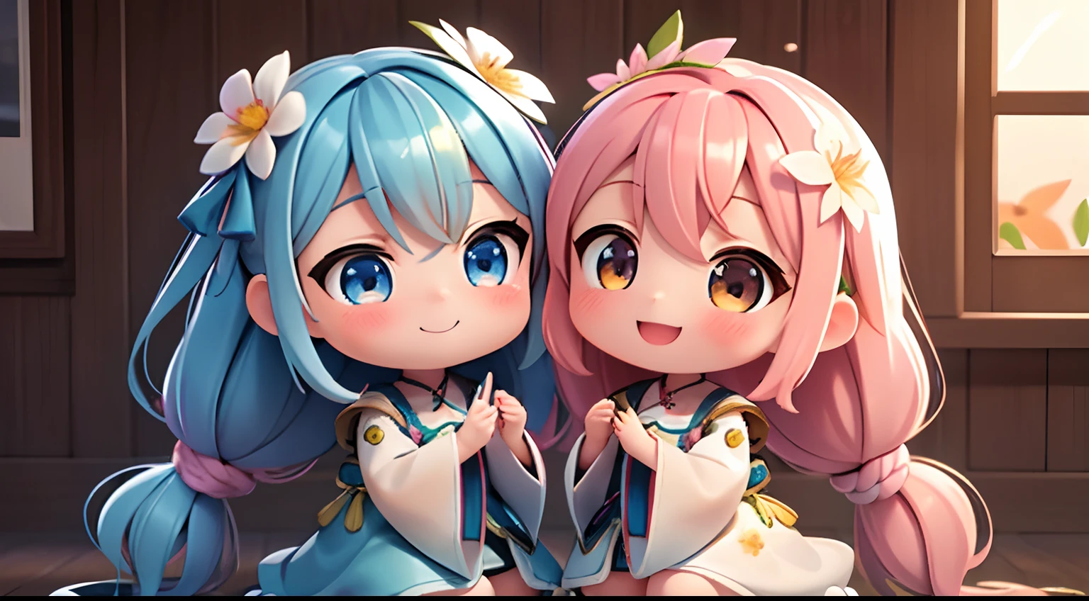 photoRealstic、Two dolls standing in front of the painting(nendroid)、Open mouth and big smile、Water droplets on the cheeks、Two people put their hands together to make a heart in a cute pose、watercolor Nendoroid、(High Definition Figure)、Flowing iridescent silk、up of face、Eye Up、Colorcon with heart pattern、Floral dress、There are also flowers in front of the nendroids、flower petals、season!!: 夏天☀ 🍂