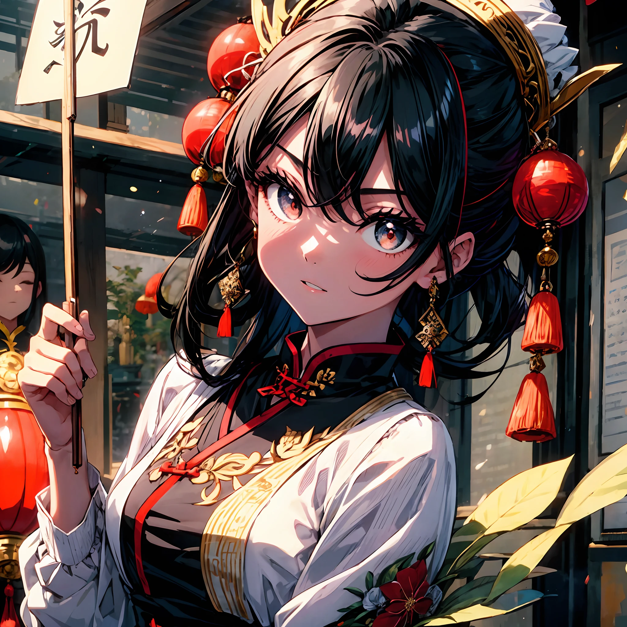 "High-quality art of a teenage girl with black hair holding a sugar-coated hawthorn skewer in a traditional Chinese setting. She's wearing a dragon-print qipao dress:1.4 com detalhes intrincados e cor azul vibrante. Around it is the background of a temple night market:1.8, com a atmosfera de um festival. The scene is illuminated by soft, natural lighting, melhorar o ambiente geral. The work must show ultra-fine painting techniques:1.8, with an emphasis on the realistic and photorealistic:1.37 detalhes, capturing the essence of a masterpiece:1.2. The image should be of the highest quality with a resolution of 8K, Displaying clear, sharp focus:1.8. As cores devem ser vivas e vibrantes, with the prominence of a red lantern:1.8 adicionando ao esquema de cores geral. The artistic style should represent a fusion of traditional Chinese elements:1.4 and contemporary aesthetics, Creating a visually captivating and evocative presence. Os olhos da menina, lips, and facial features should be beautifully detailed, ensure that your expression and appearance are accurately portrayed."